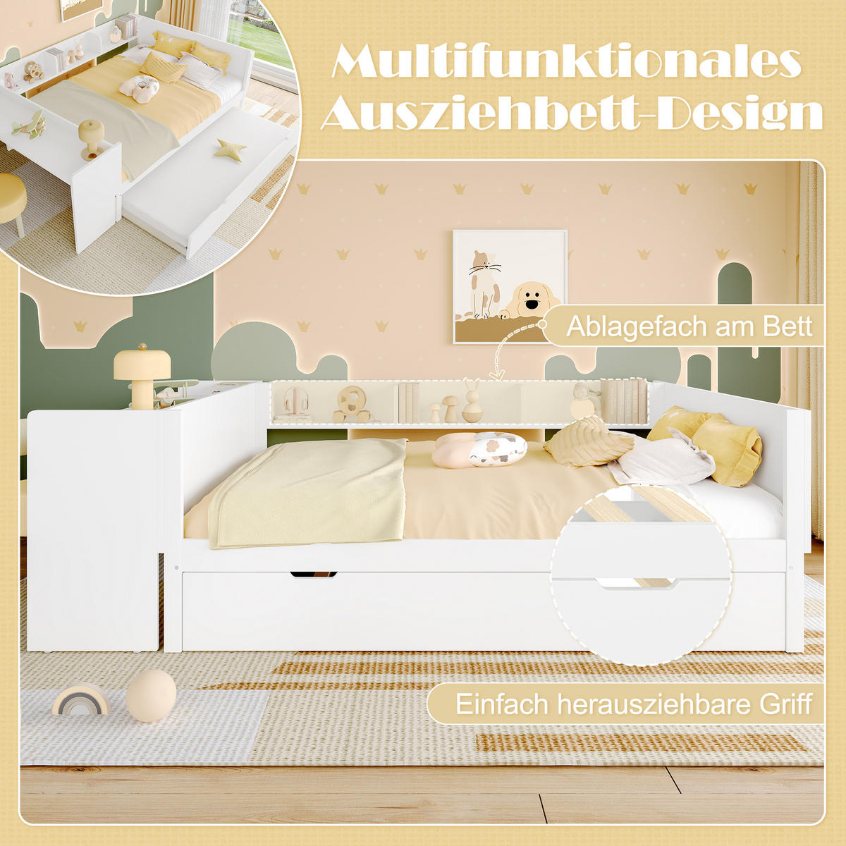 FLACHBETT 140x200cm Weiß Holz Schreibtisch Rollbett Regale - Weiß, Holz (140/200cm) - FLIEKS