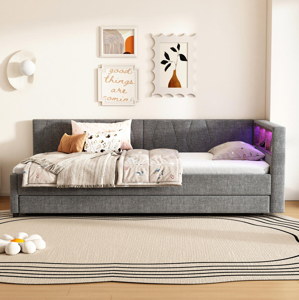 POLSTERBETT 90/200 cm mit LED-Beleuchtung, USB-C und ausziehbarem Gästebett - Grau, Textil (90/200cm) - BEAOK