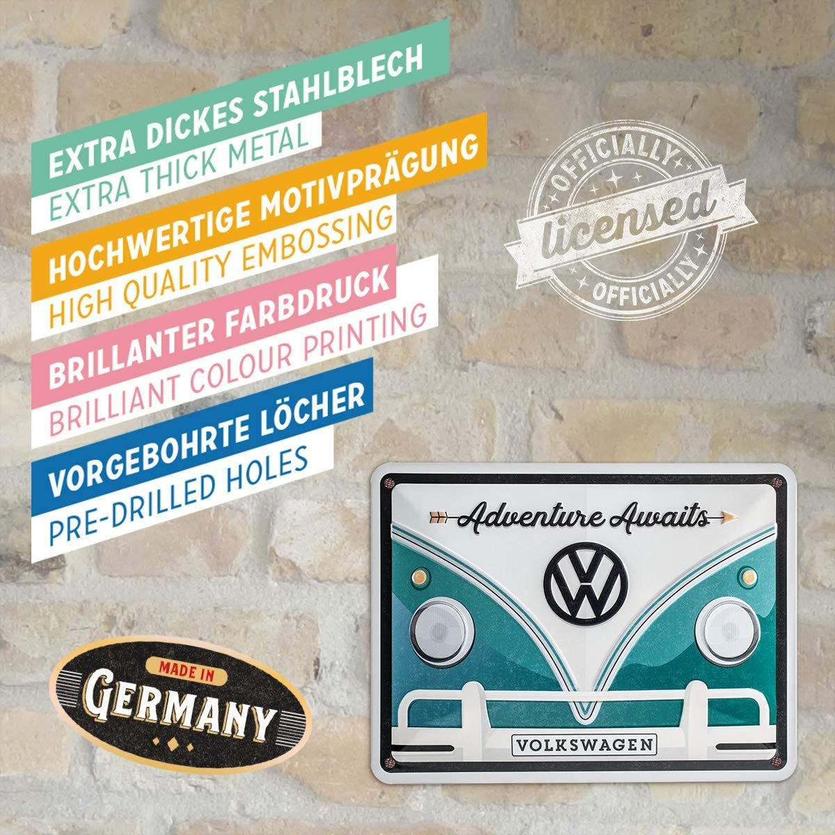BLECHSCHILD 15/20 cm Volkswagen VW Bulli Adventure Awaits - Multicolor, Metall (20/15/0.5cm) - Nostalgic-Art