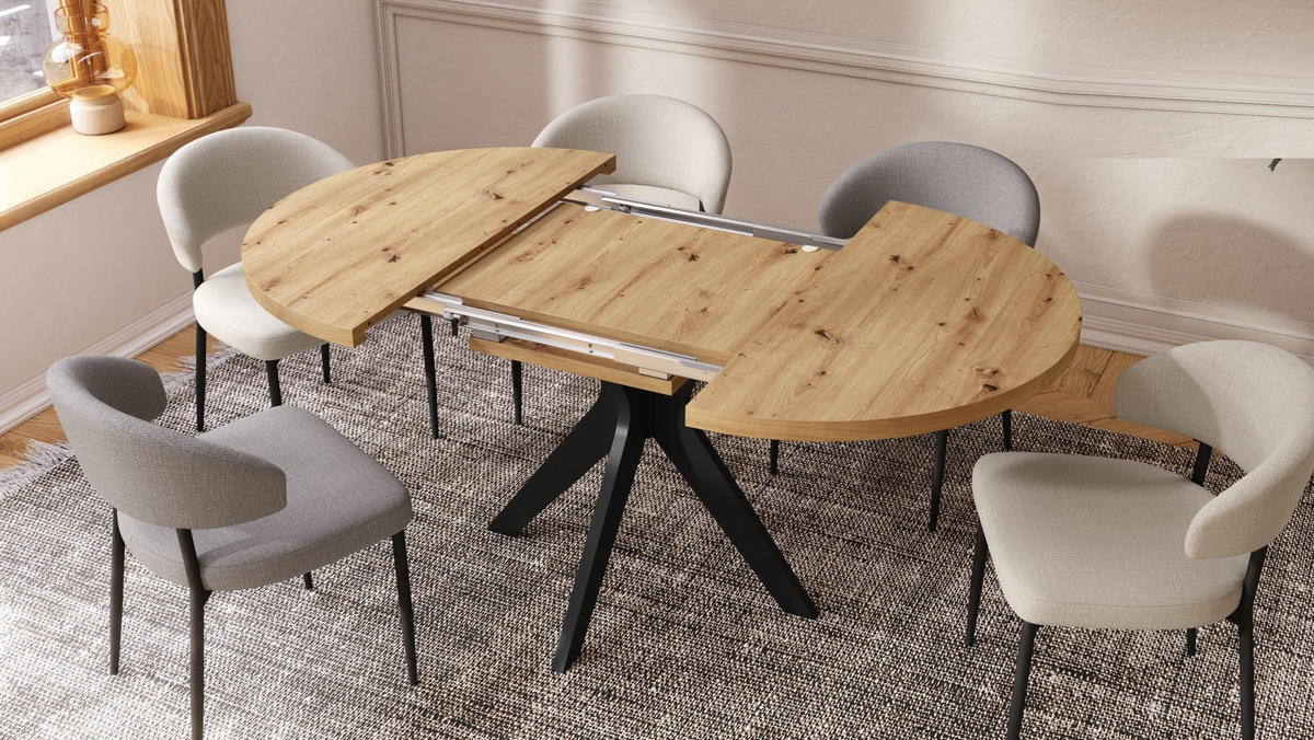 ESSTISCH rund Eiche Artisan - Schwarz matt ausziehbar - Schwarz/Eiche Artisan, Holzwerkstoff (110/110/77cm) - designimpex