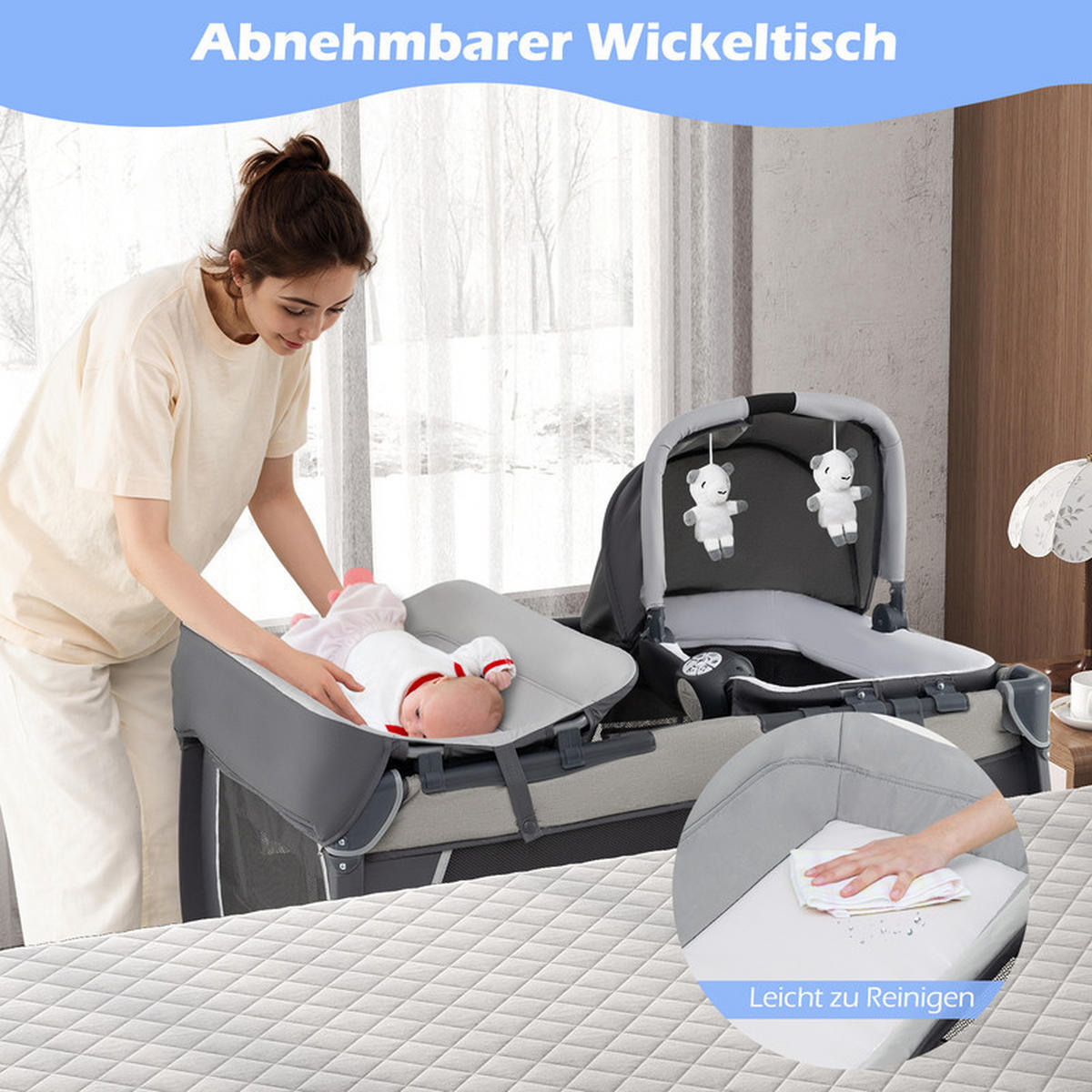 BEISTELLBETT mit Matratze grau - Grau, Textil - COSTWAY