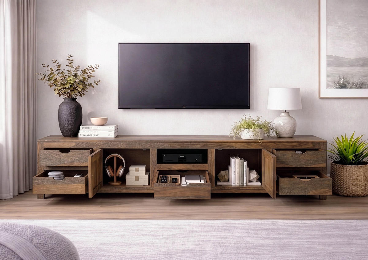 TV-BOARD Sheesham 260x45x56 grau geölt NATURE GREY #39 - Grau, Holz (260/56/45cm) - Massivmoebel24