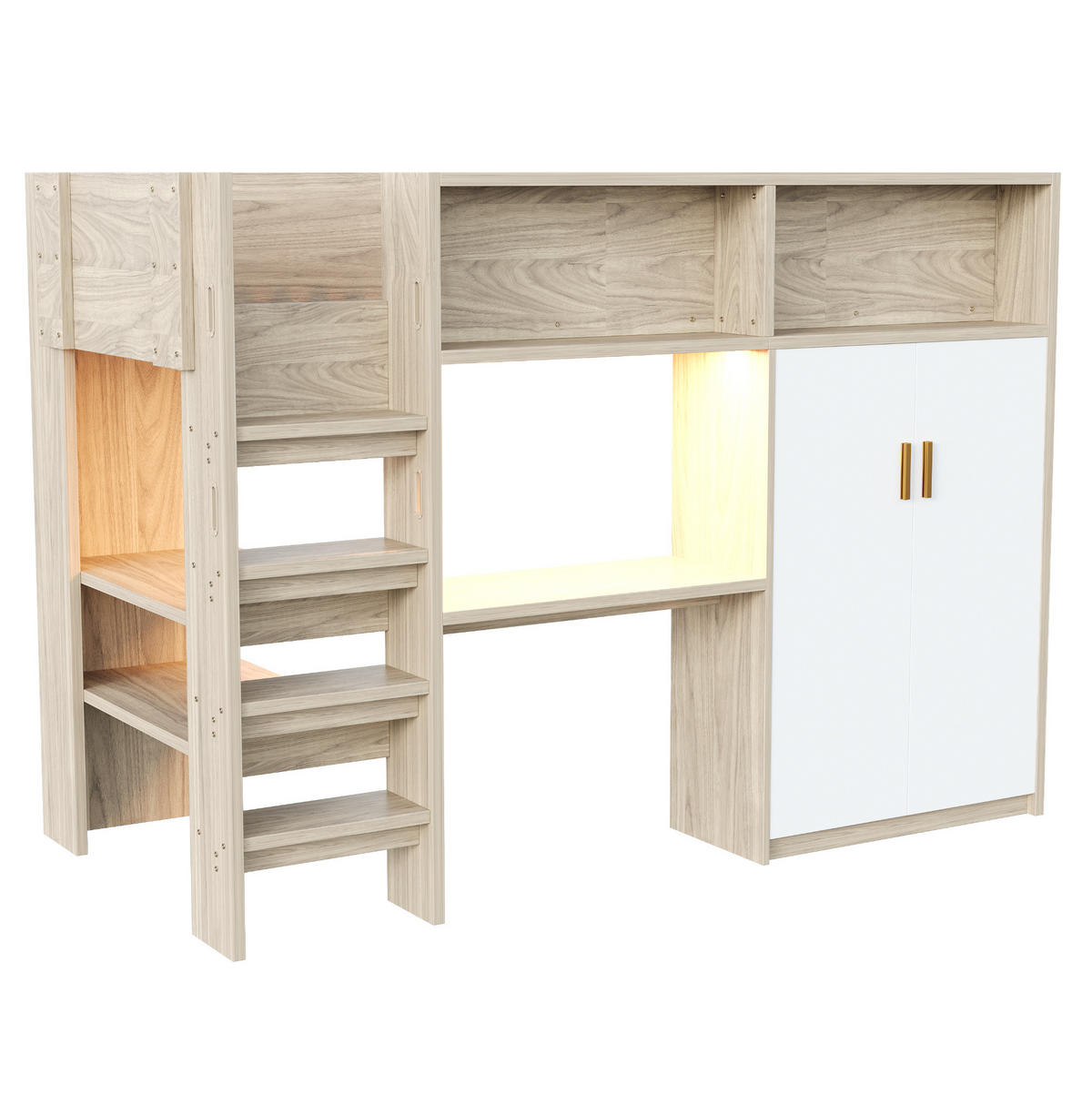 HOCHBETT 90/200 cm mit Schreibtisch, Kleiderschrank, Regal, LED und Lattenrost aus Holzwerkstoff, Naturfarben/Weiß - Naturfarben, Holzwerkstoff (90/200cm) - Redom