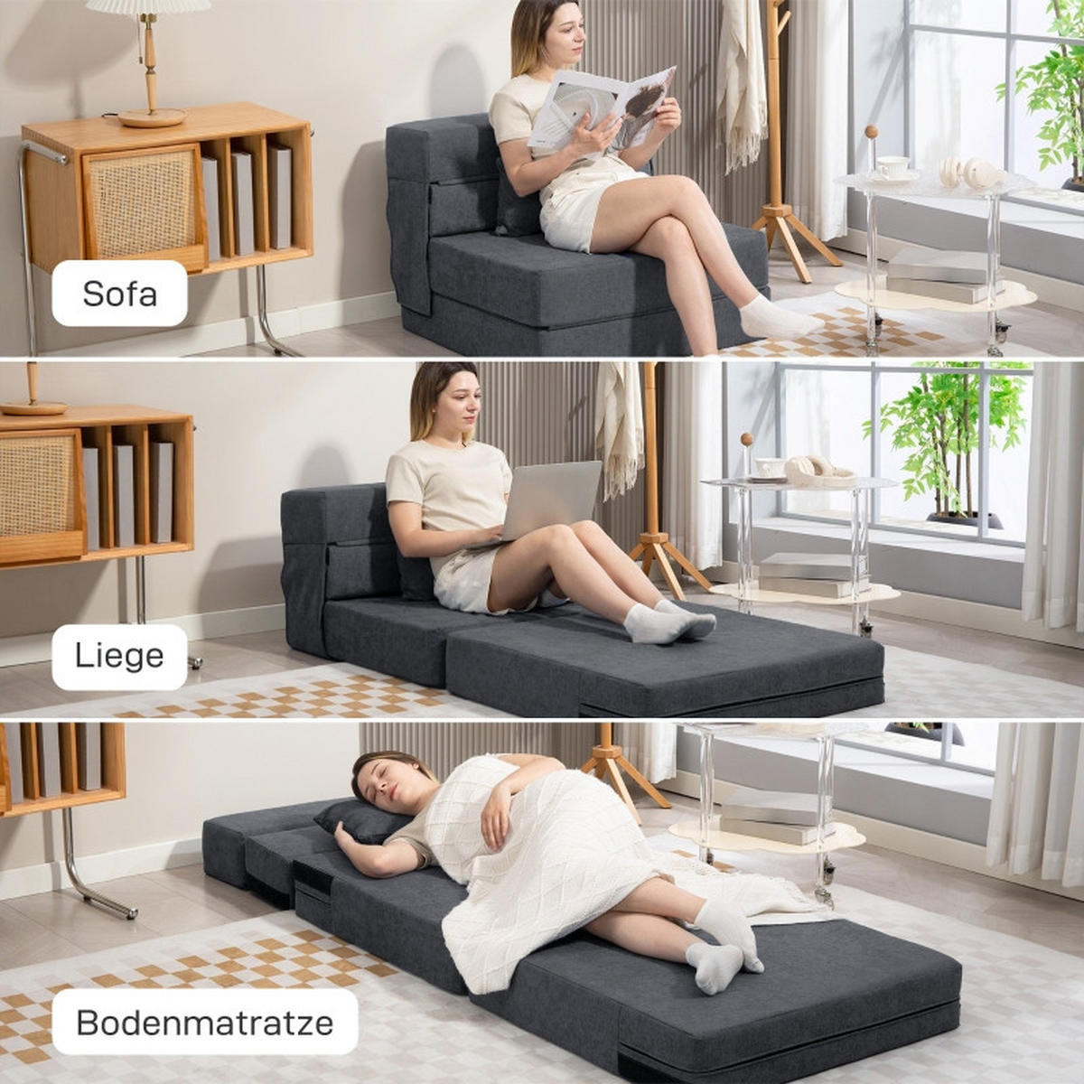 SCHLAFSESSEL 3-in-1 klappbar als Bodensofa, Chaiselongue, Bett 80/80/64 cm Dunkelgrau - Dunkelgrau, Textil (80/64/80cm) - Redom