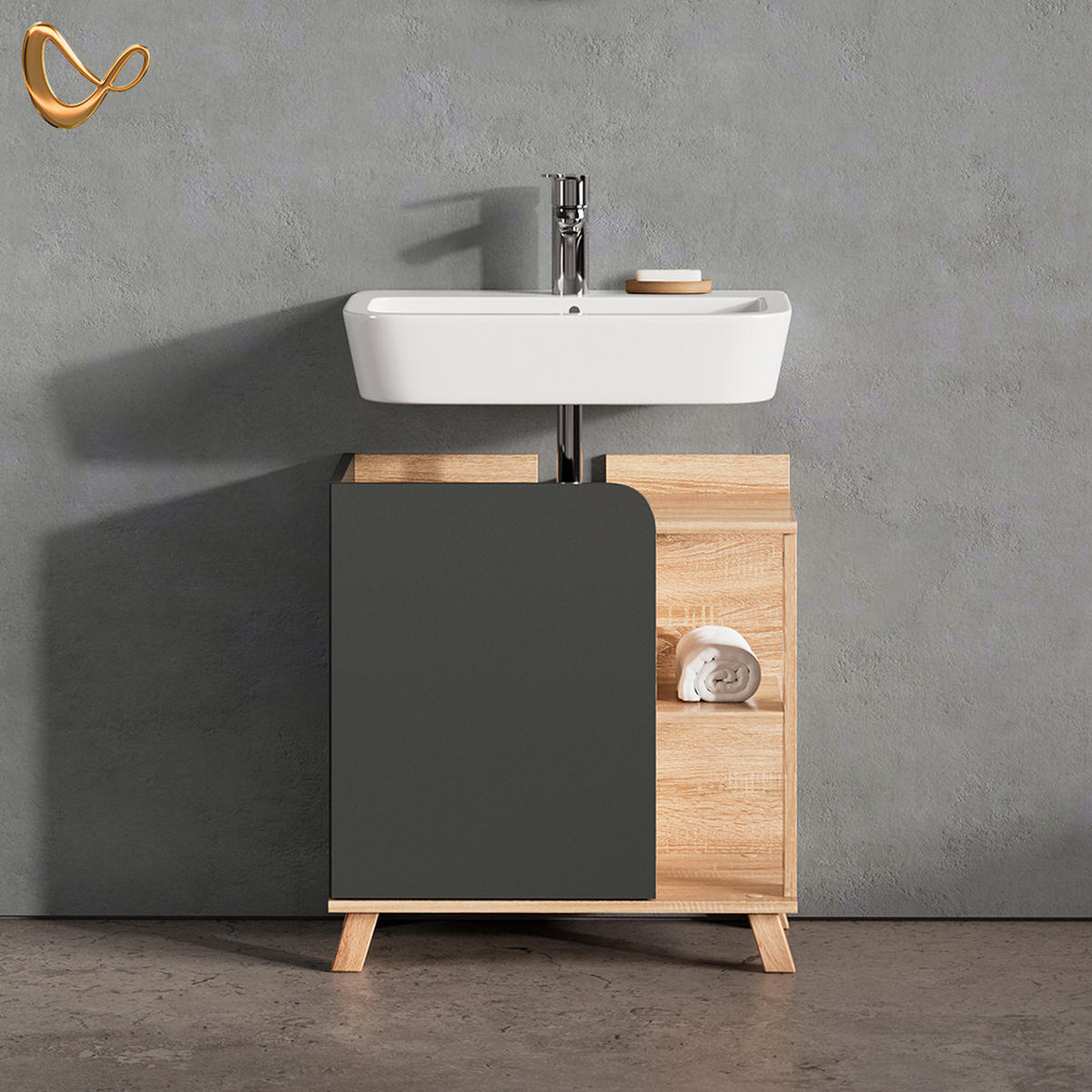 WASCHBECKENUNTERSCHRANK Marano Anthrazit 60 x 65 cm mit Tür und offenen Fächern - Anthrazit/Sonoma Eiche, Holzwerkstoff (60/65/35cm) - Livinity®