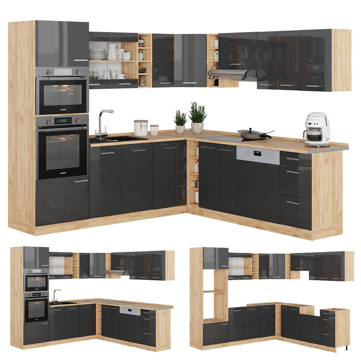 ECKKÜCHE R-Line Anthrazit Hochglanz/Goldkraft Eiche 237 x 60 cm ohne AP - Honigeiche/Anthrazit, Holzwerkstoff (247/81.6/46cm) - Vicco