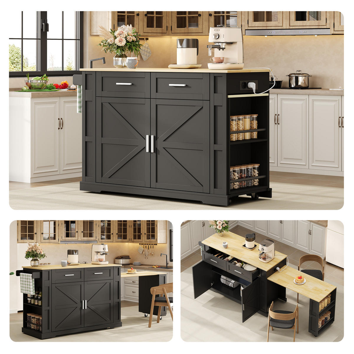 KÜCHENINSEL DE-41365 130(205)/50/93 cm, ausziehbare Arbeitsplatte Schwarz - Schwarz, Holzwerkstoff (130/93/50cm) - ComfortXL