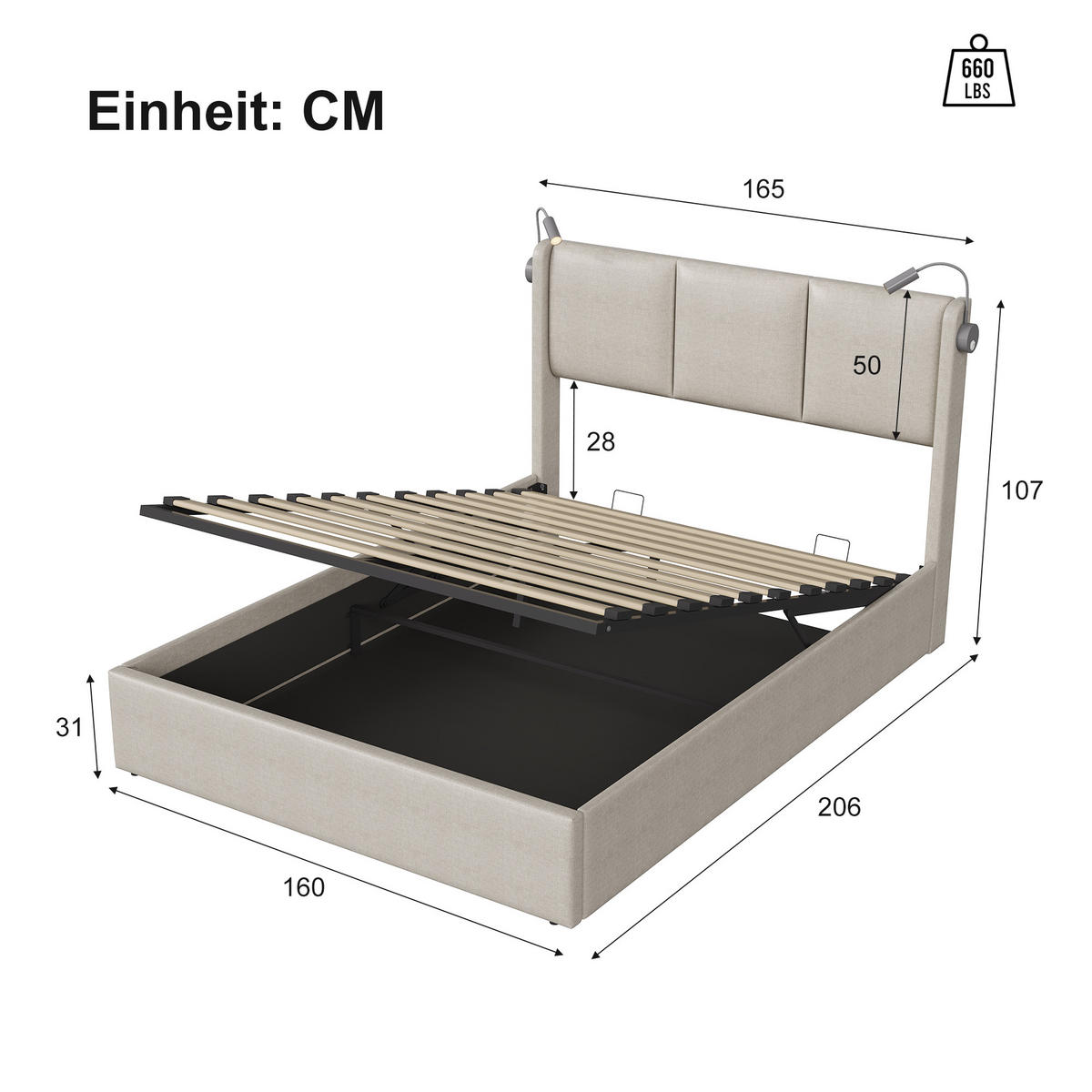 POLSTERBETT 160/200 cm Beige mit Bettkasten, Stauraumbett mit Hydraulik, Leselampen, Lattenrost und gepolstertem Kopfteil - Beige, Holz/Metall (160/200cm) - Joyfair