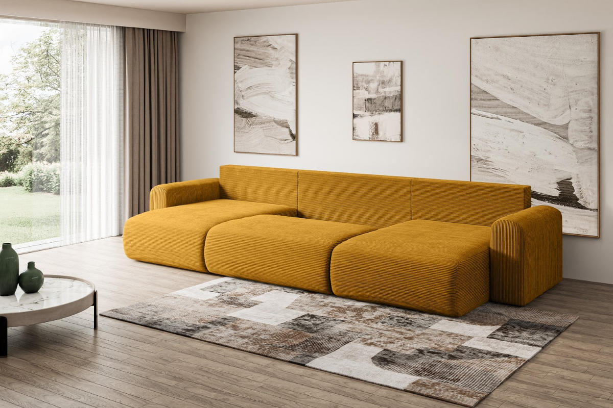 WOHNLANDSCHAFT mit Schlaffunktion und Bettkasten ORRO-U - 362x145x83 cm Senfgelb Cord - Gelb/Schwarz, Holzwerkstoff/Kunststoff (362/83/145cm) - ALTDECOR