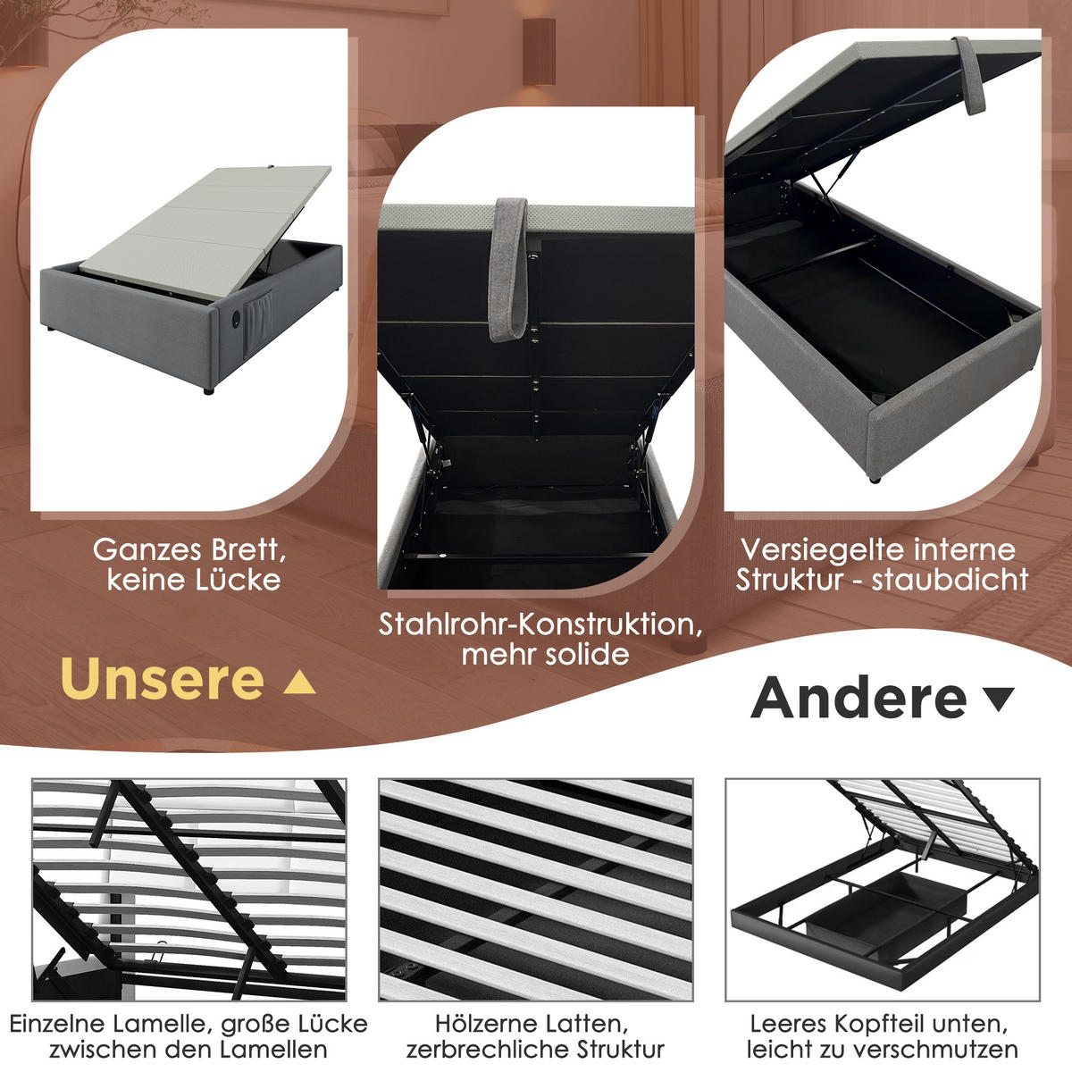 POLSTERBETT 90/200 cm in Grau Leinen mit Bettkasten, USB und Type-C - Grau, Holzwerkstoff/Textil (90/200cm) - WISHDOR