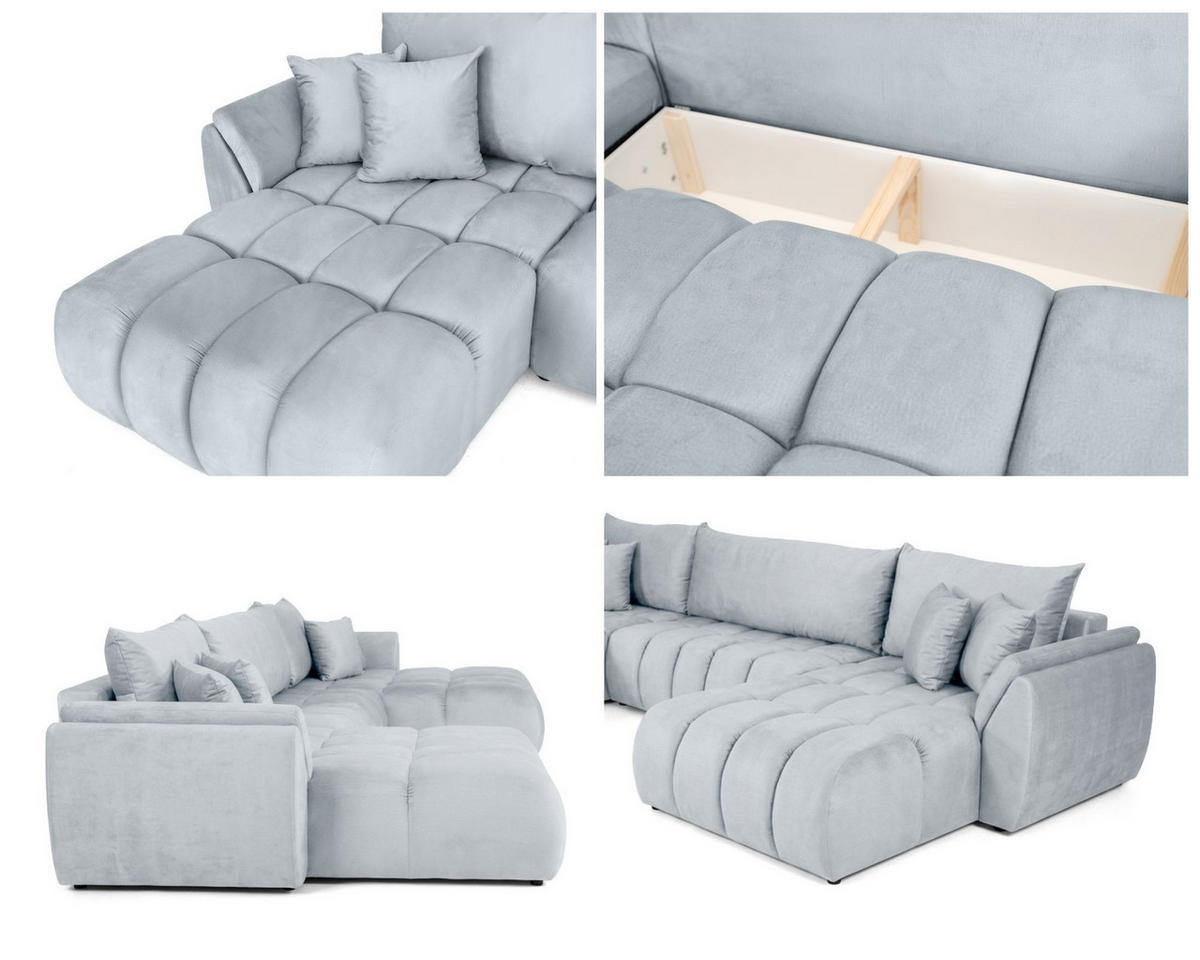 ECKSOFA Iris U mit Schlaffunktion und Bettkasten, U-Form – Hellgrau Samt 382/184/85 cm - Hellgrau/Schwarz, Kunststoff/Textil (382/184cm) - WFL GROUP