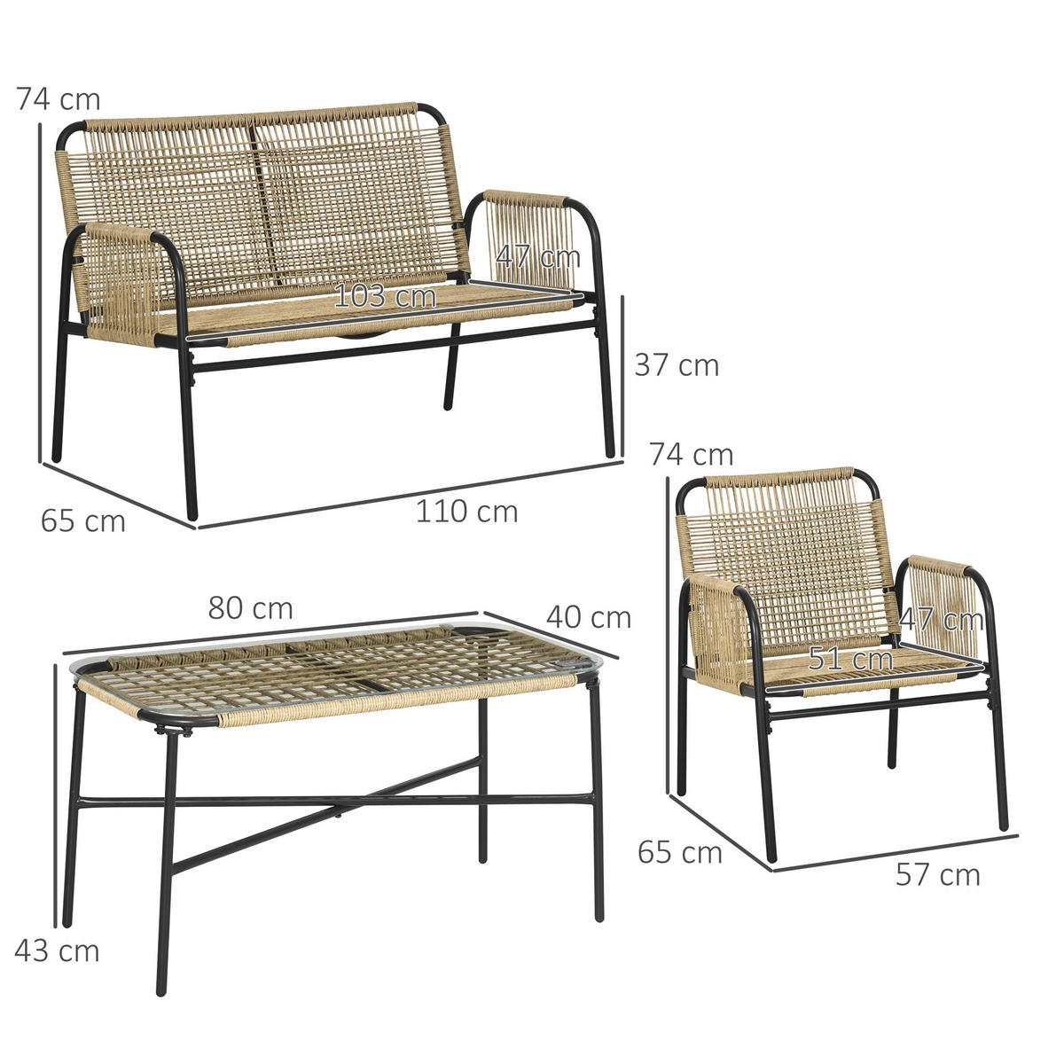 GARTENMÖBEL Set, PE Rattan Schwarz+ Gelb - Gelb/Schwarz, Kunststoff - Outsunny