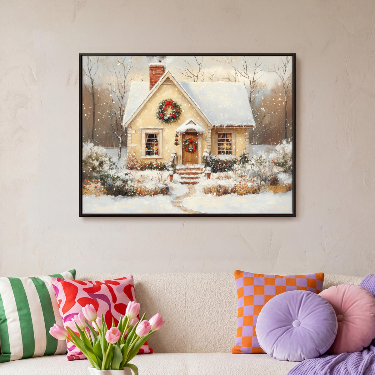 LEINWAND Bilder mit Rahmen - Weihnachten - Zuhause - Winter - Schnee - 70x50 - Creme, Textil (70/50cm) - MuchoWow