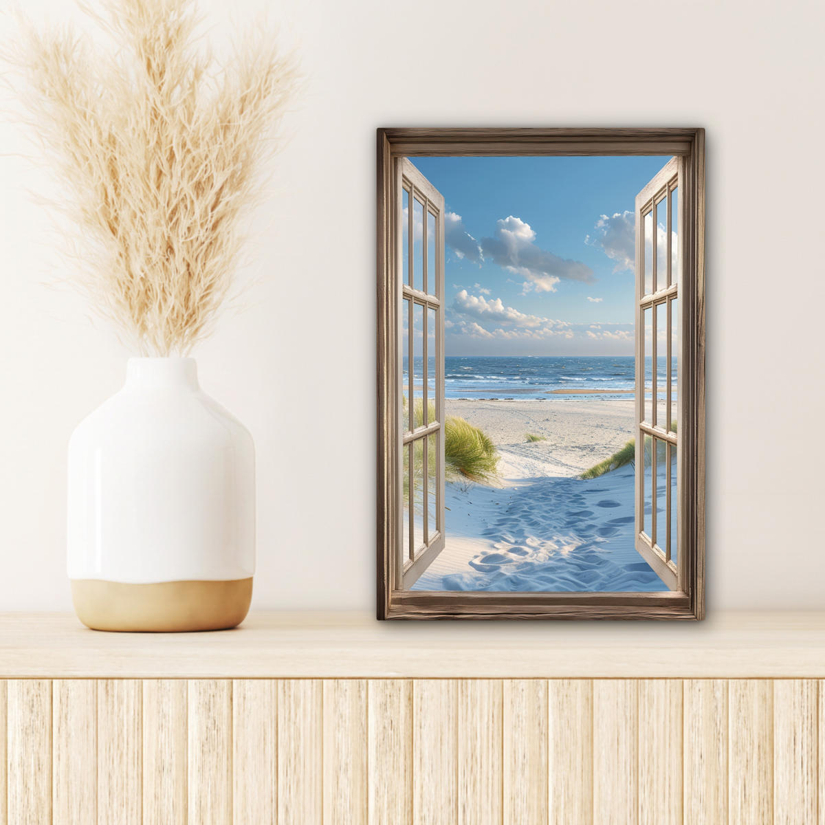LEINWANDBILD Aussicht - Strand - Fenster - Dünen - Meer 20x30 cm - Hellblau, Textil (20/30cm) - MuchoWow