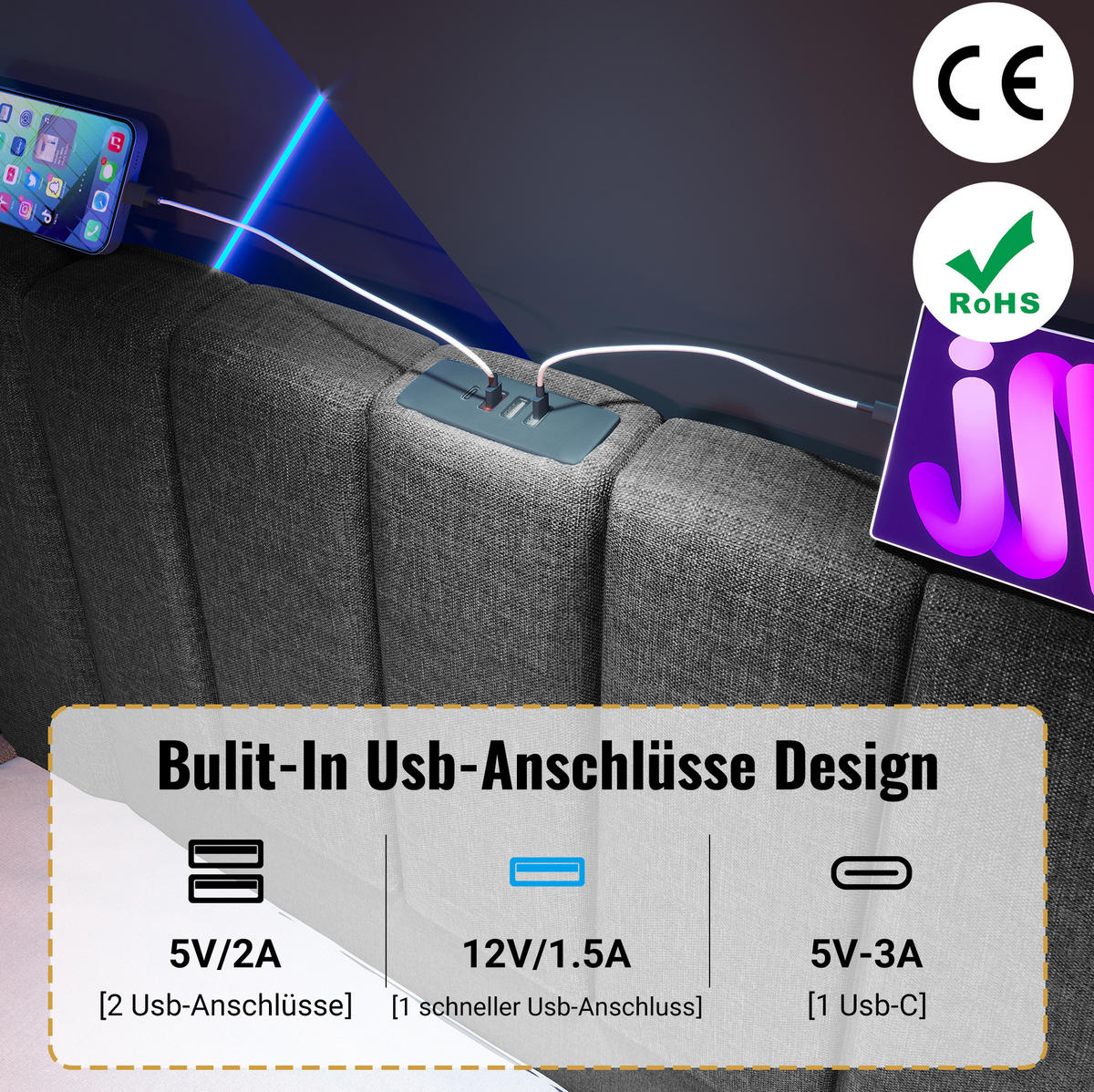 POLSTERBETT mit Stauraum 160x200 cm Leinen Grau mit LED - Grau, Metall (160/200cm) - Meubliv