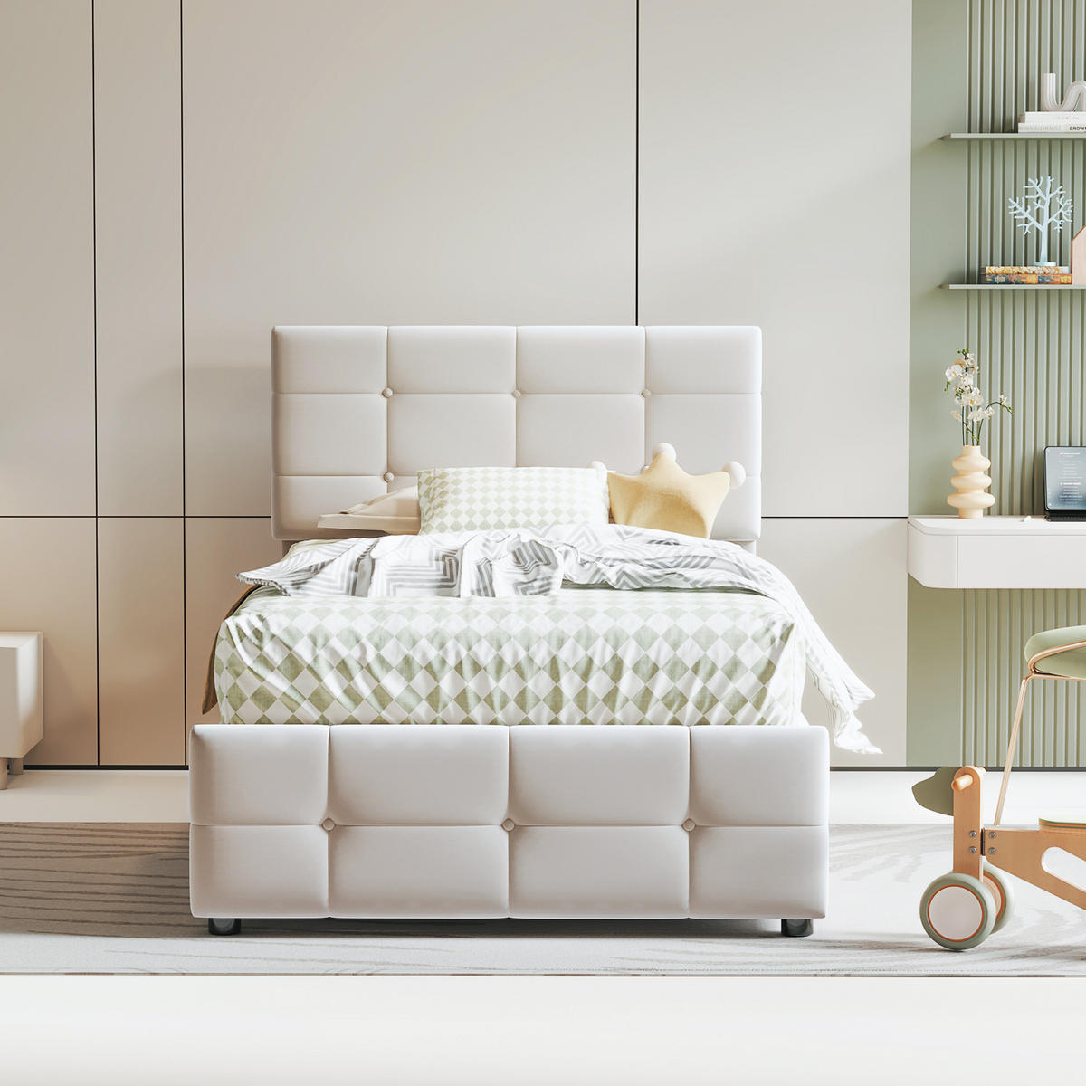 KINDERBETT 90/200 cm mit hydraulischem Stauraum und höhenverstellbarem Kopfteil Beige - Beige, Textil (90/200cm) - OKWISH