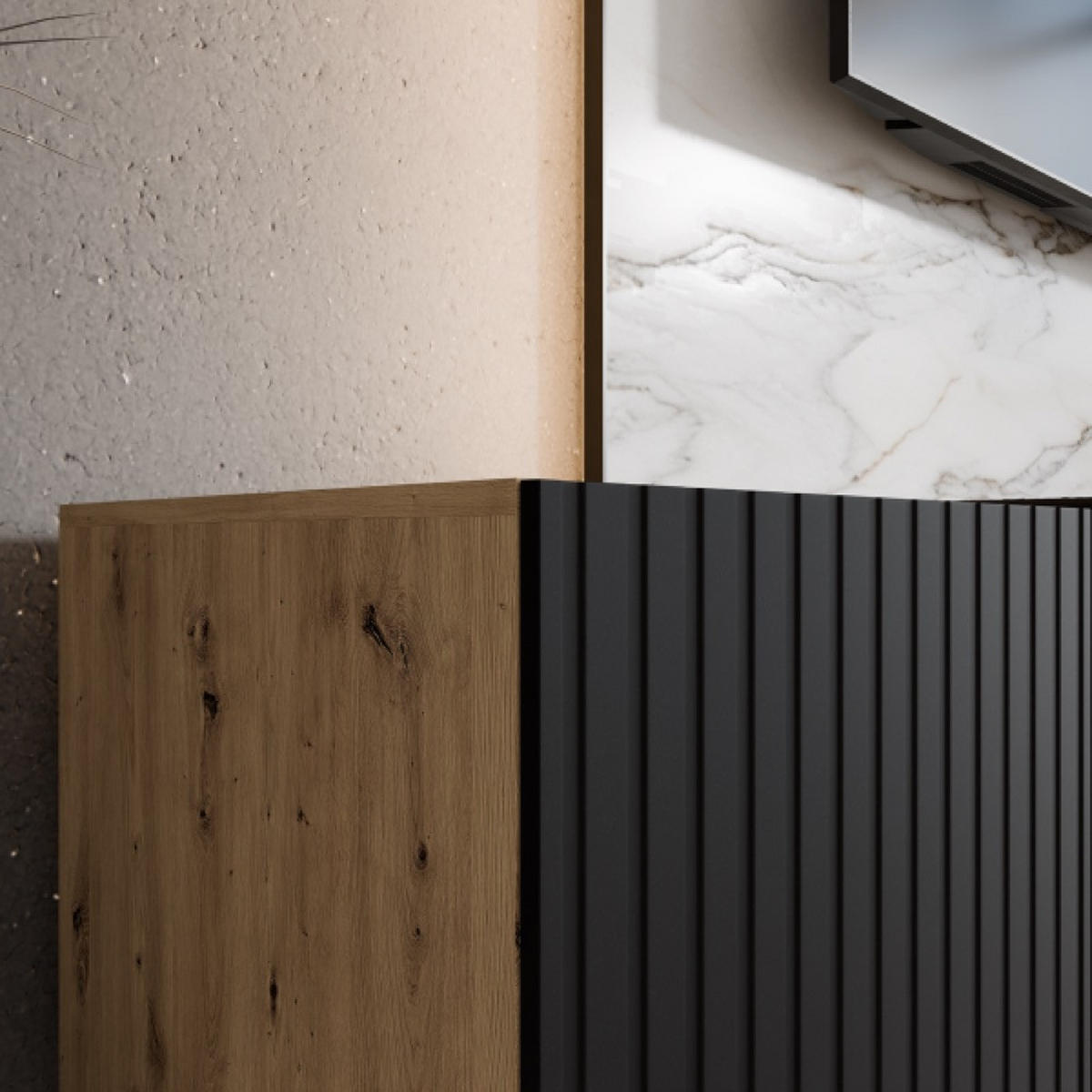 TV-SCHRANK Artisan Schwarz RIO Offene Regale Gerillt 300 cm - Schwarz, Holzwerkstoff (300/41/40cm) - Sepro Meble