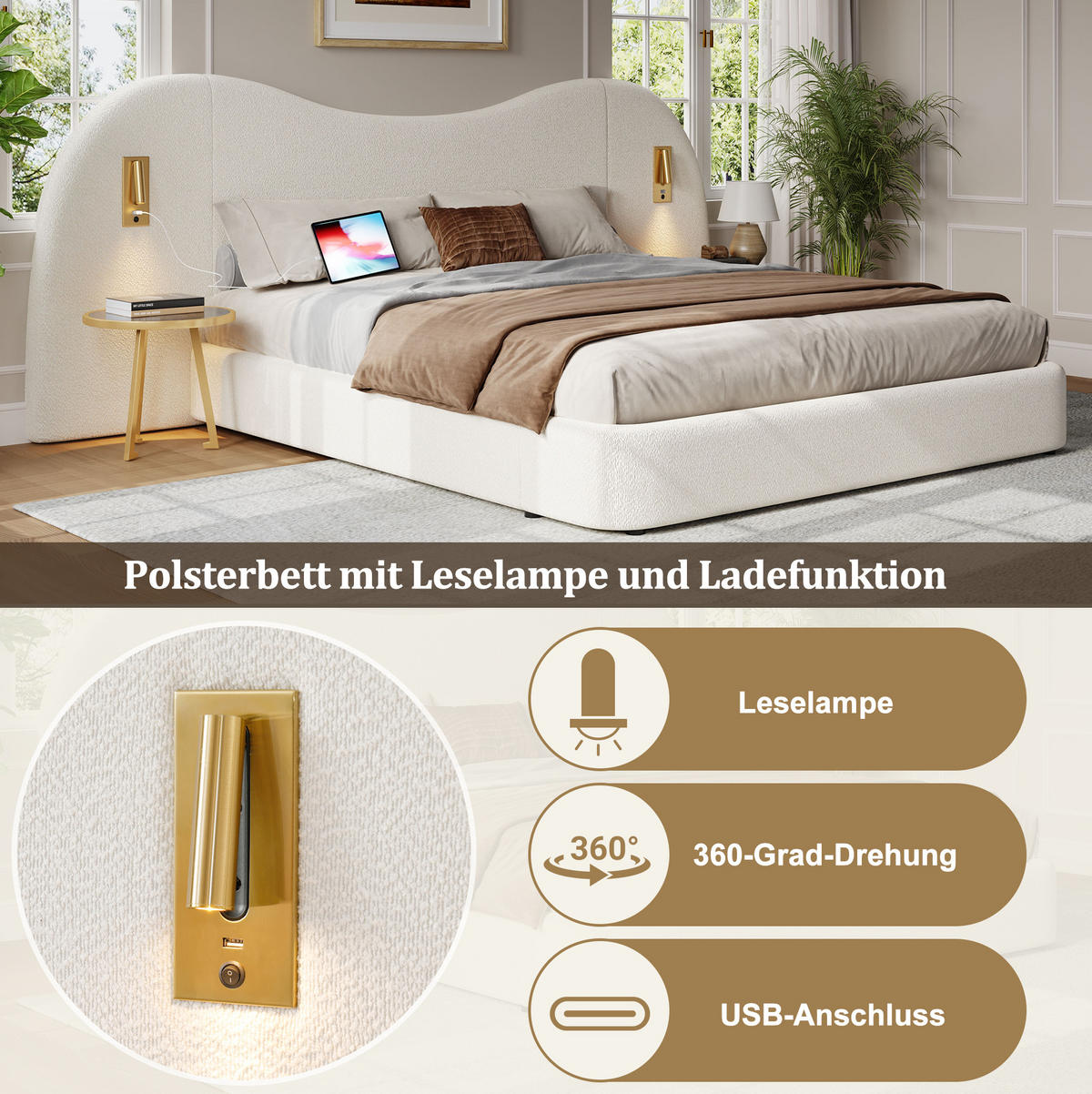 POLSTERBETT 180/200 cm weiß aus Bouclé mit hydraulischem Stauraum - Weiß, Textil (180/200cm) - OKWISH