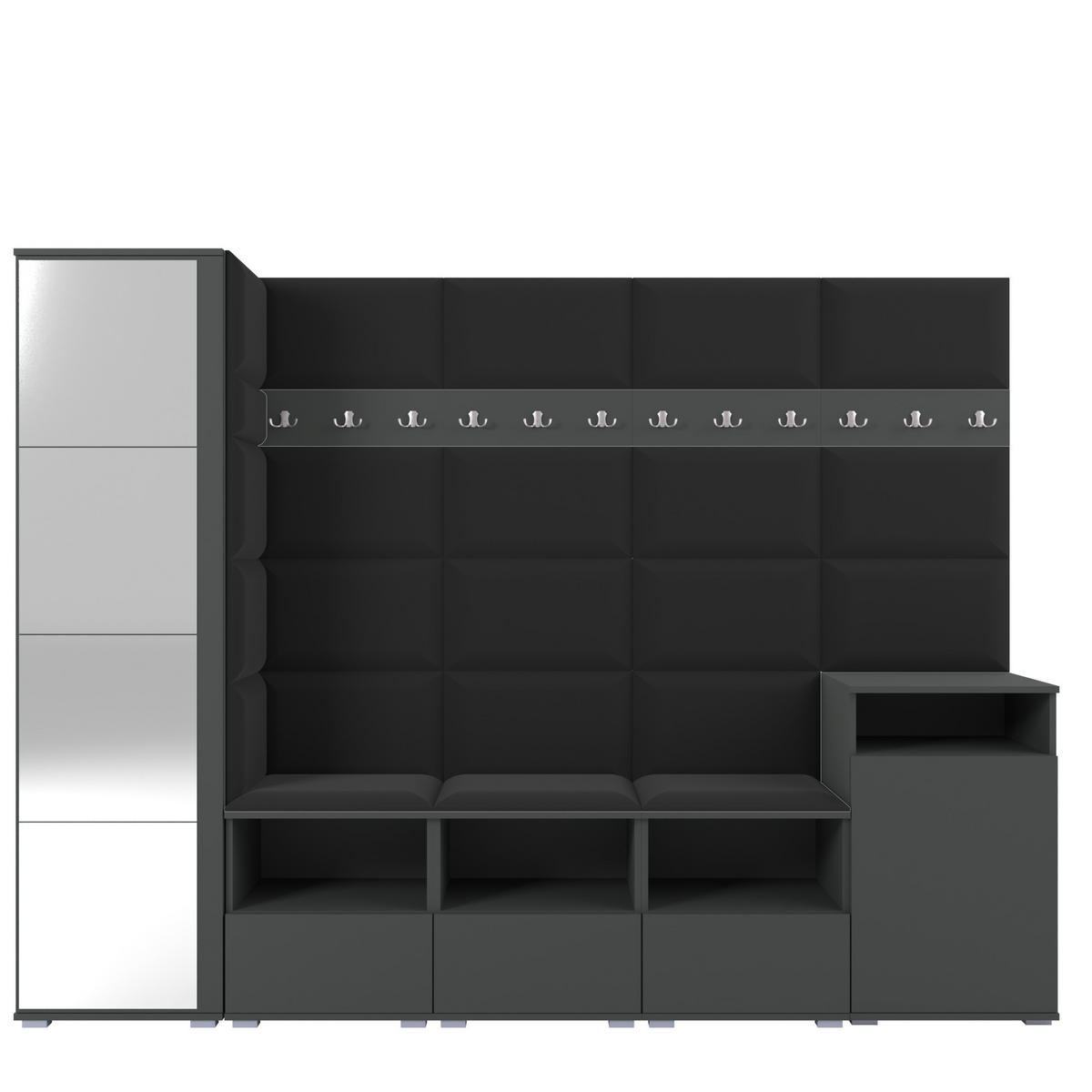 GARDEROBE NELA XI 250 cm (Modulare Flurmöbel Graphit mit Spiegel & Sitzpolster Schwarz 16 Großes Set) - Silberfarben/Schwarz, Holz/Holzwerkstoff (250/187/40cm) - Ravio