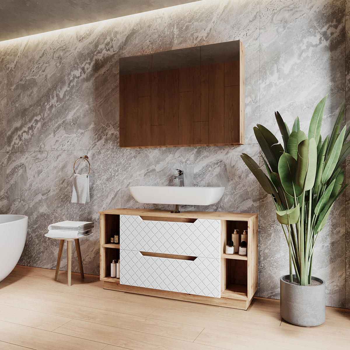 BADMÖBEL-SET Lotta Eiche/Weiß mit Kachelstruktur 2 Teile - Eichefarben/Weiß, Holzwerkstoff (119.2/62.5/35cm) - Vicco