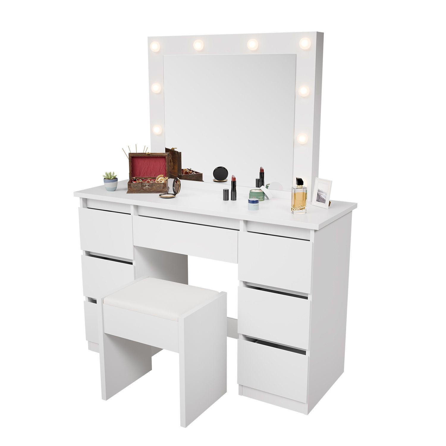 SCHMINKTISCH Talea mit LED (3 Lichtstufen) inkl Hocker Melly - Weiß, Holz (110/141/40cm) - Juskys