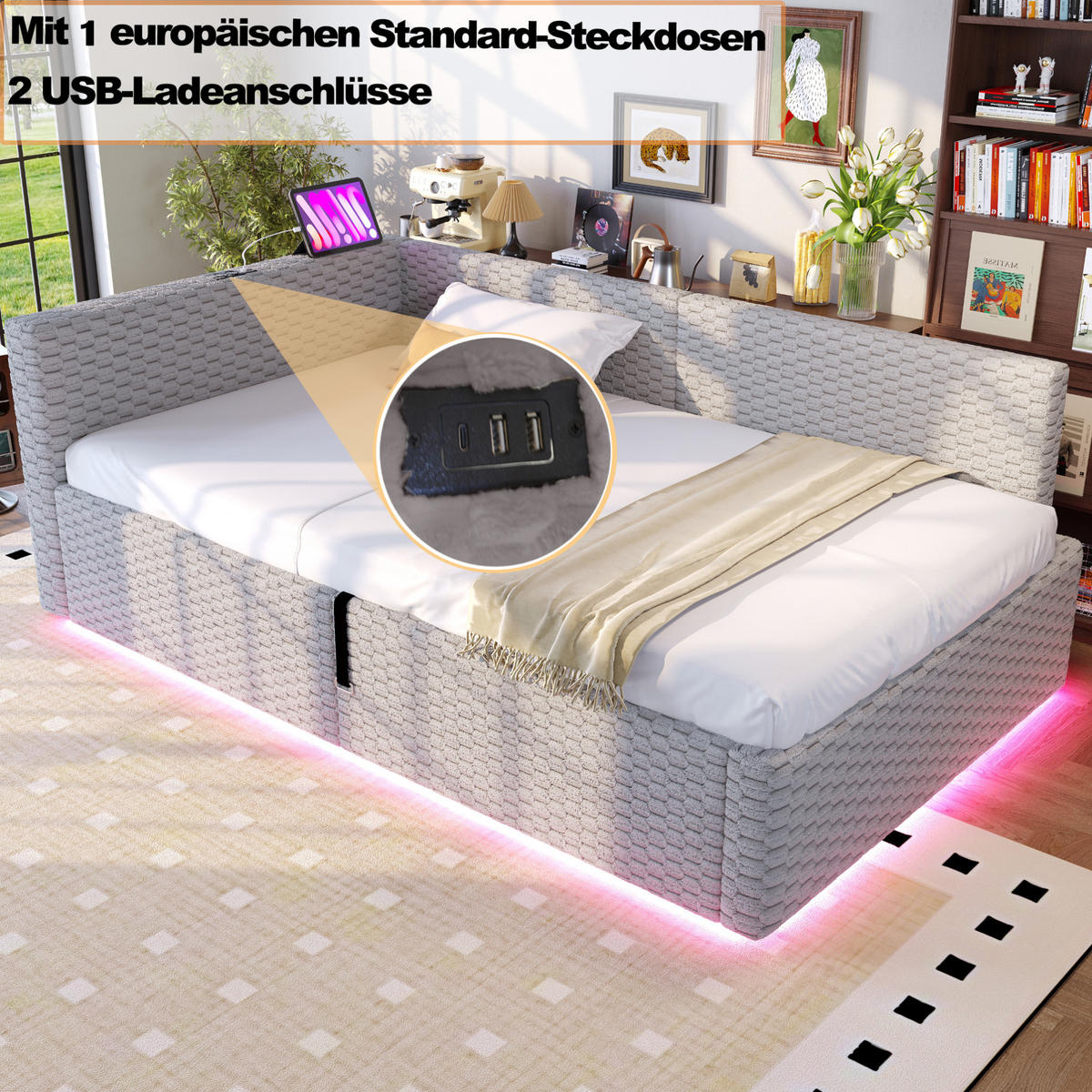 TAPECIRANI krevet 90/200 cm s LED osvjetljenjem, USB i Type-C priključkom te hidrauličnim spremnikom, Siva - siva, drvni materijal (90/200cm) - Redom