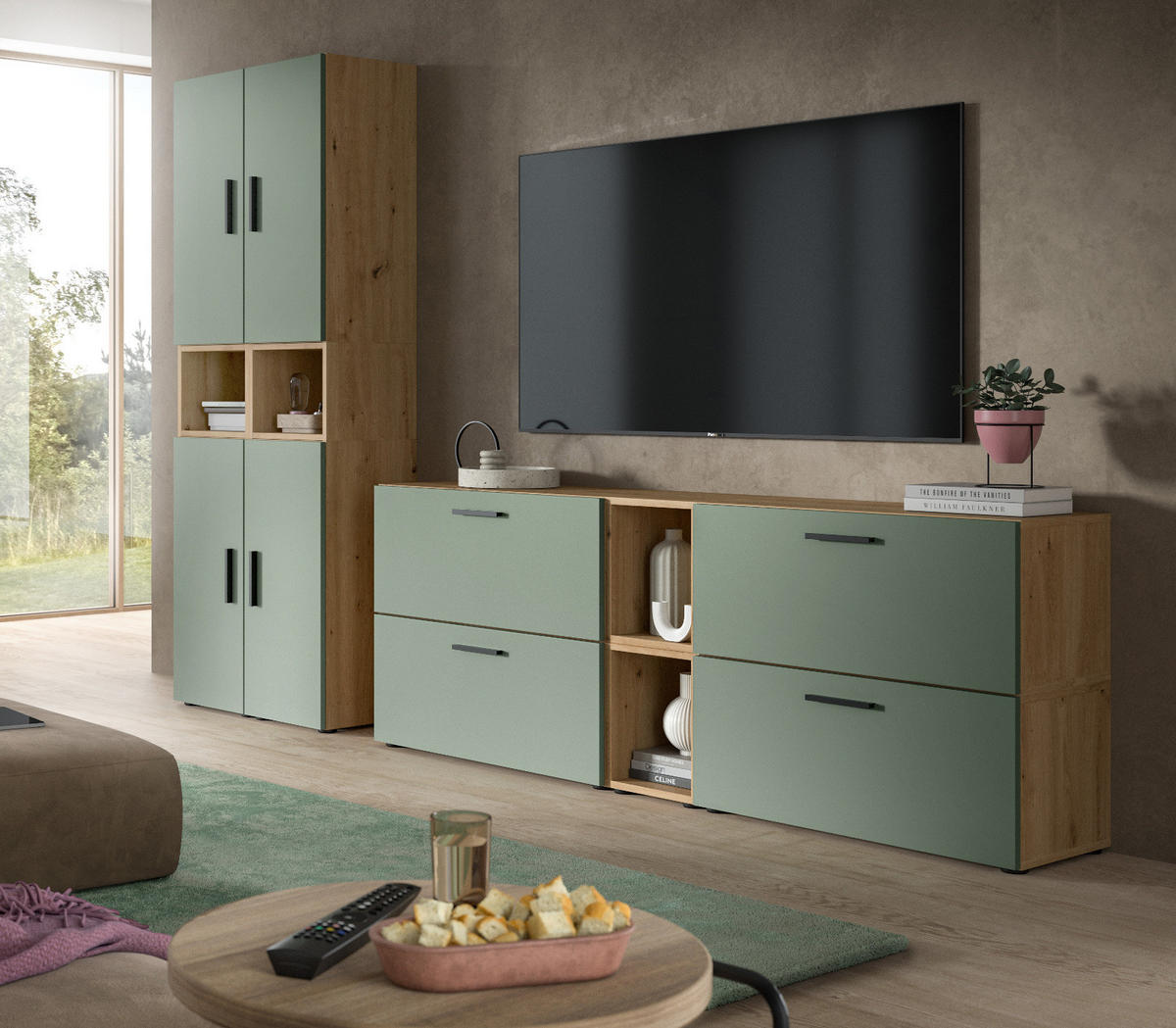 WOHNWAND grün, Eiche Artisan 256 x 178 cm, Schrankwand mit Soft-Close - Schwarz/Eiche Artisan, Holzwerkstoff/Kunststoff (256/151/34cm) - Inn.Furn