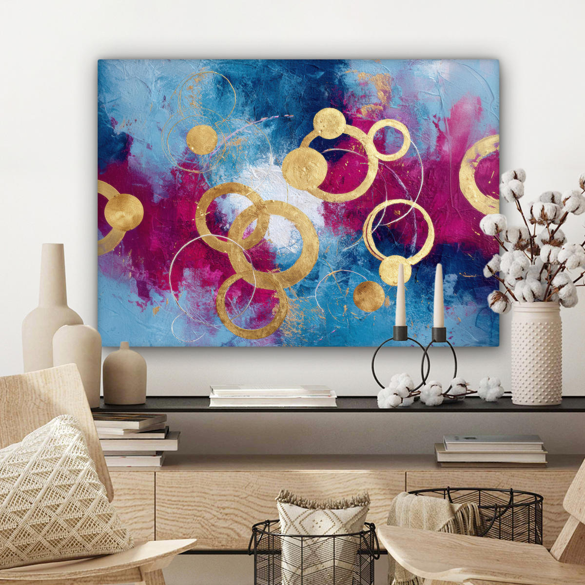 LEINWANDBILD Kreise - Gold - Abstrakt Wandbilder 80x60 cm - Blau, Textil (80/60cm) - MuchoWow