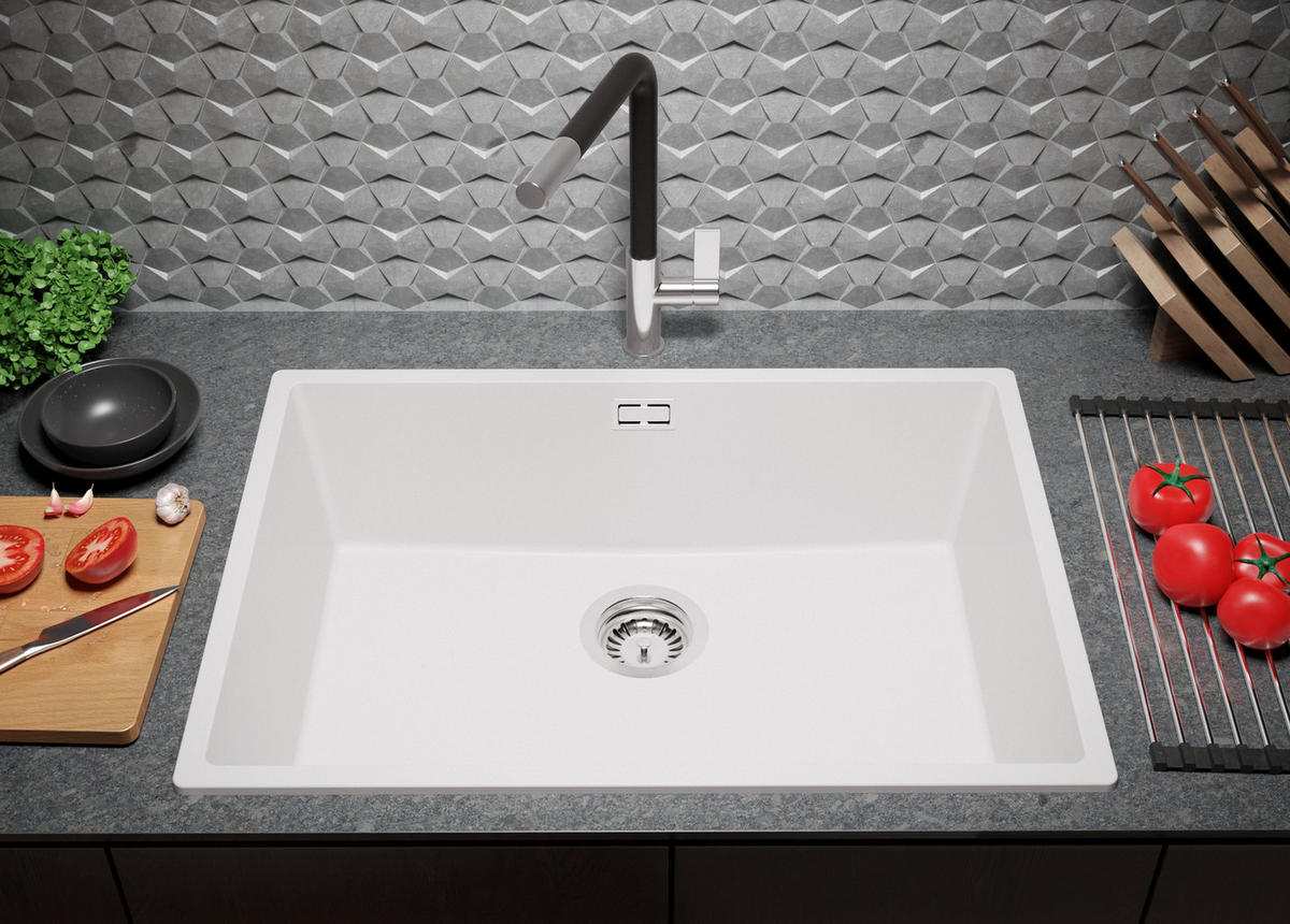 SPÜLBECKEN London Slim, 2-er set Alles Weiß 66/47 cm 1 Becken + Ablauf-Set ab 70er Unterschrank - Weiß, Kunststoff (66/20/47cm) - Primagran