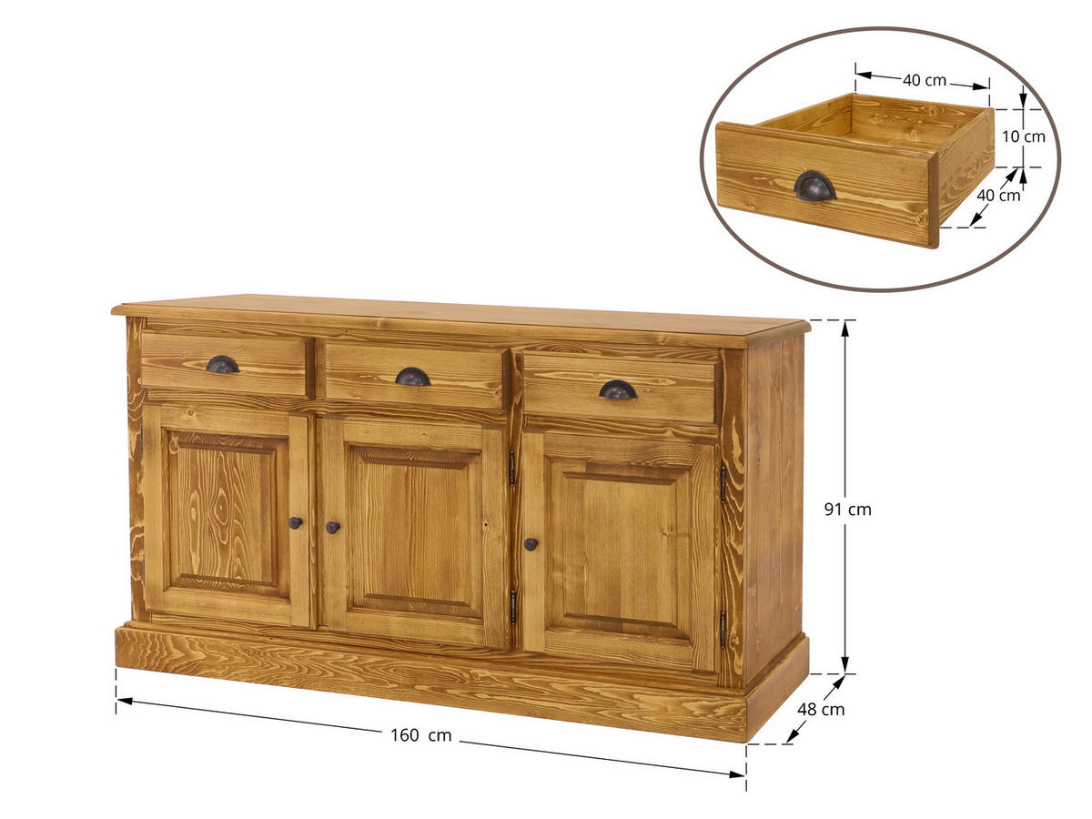 KOMMODE aus Massivholz CHARLOTTE 3 - Hellbraun, Holz (160/91/48cm) - Seart