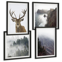 BILDER SET 4er Set - 50x50 cm & 40x60 cm Schwarzer Rahmen - Berglandschaft Nebel Hirsch - Schwarz, Kunststoff (50/50cm) - TULUP