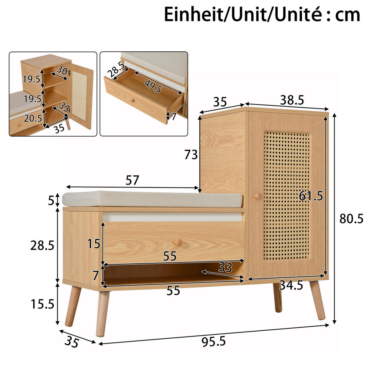 SCHUHBANK 95,5/35/80,5 cm mit Sitzkissen, Schubladen und Rattan-Optik - Eichefarben, Holzwerkstoff (95.5/80.5/35cm) - BEAOK