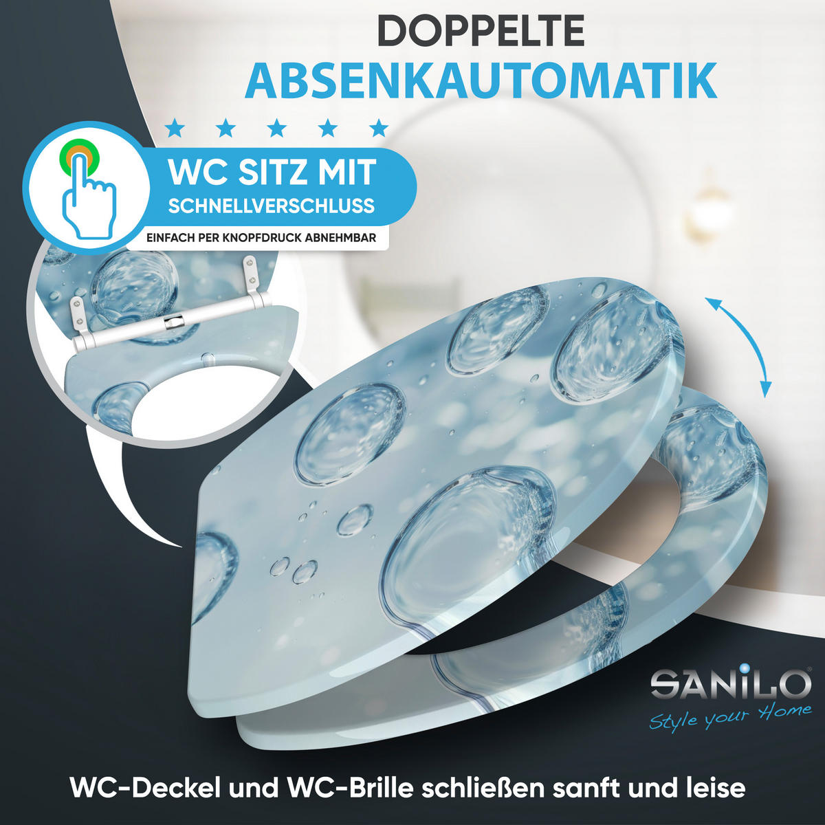 WC-SITZ mit Absenkautomatik & Top Fix Bubbles - Blau, Holzwerkstoff (37.7/5.5/48cm) - Sanilo