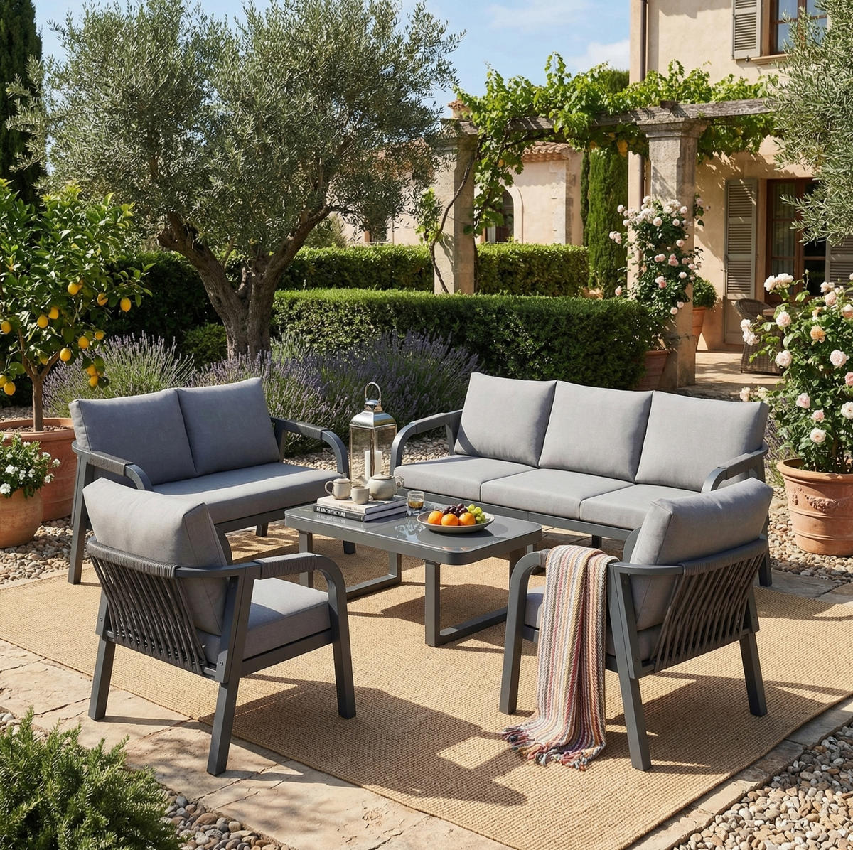 GARTENLOUNGE-SET für 7 Personen mit Glas-Couchtisch und Seilgeflecht, Grau - Grau, Metall - Redom