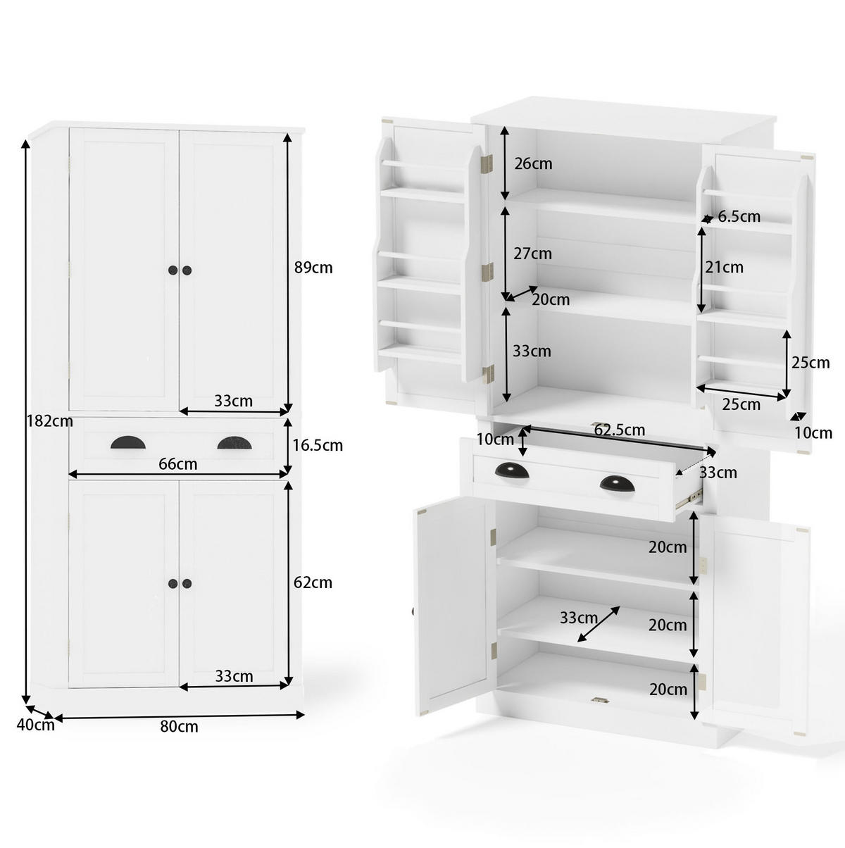 BUFFETSCHRANK 80/40/182 cm mit 4 Türen, 1 Schublade und verstellbaren Einlegeböden, vielseitiger Stauraum, Weiß - Weiß, Holzwerkstoff (80/182/40cm) - Redom