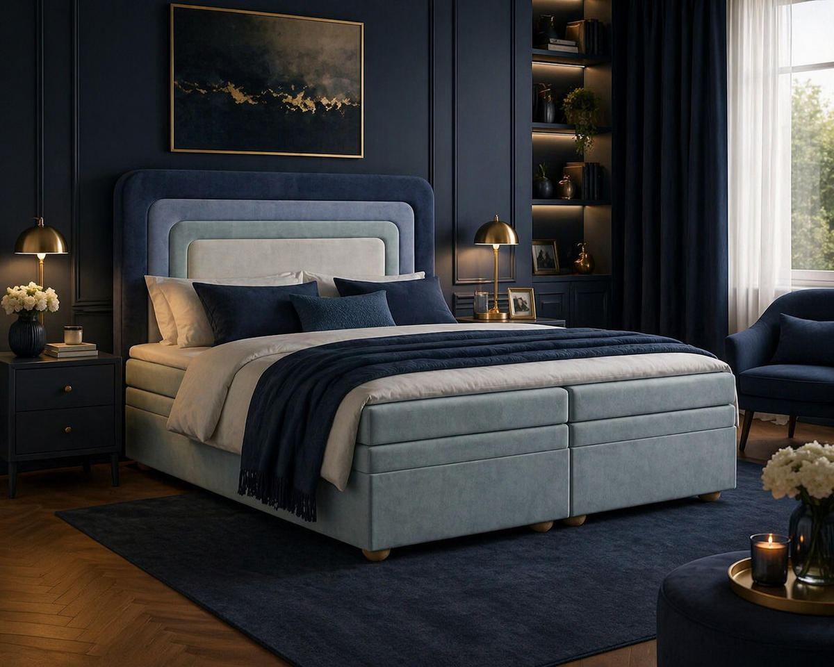 BOXBETT - Bett 10 NEST - Riviera - 140x200 cm - Modernes Polsterbett mit Bettkasten - Dunkelblau, Holz (140/200cm) - ROYAL24_MARKT