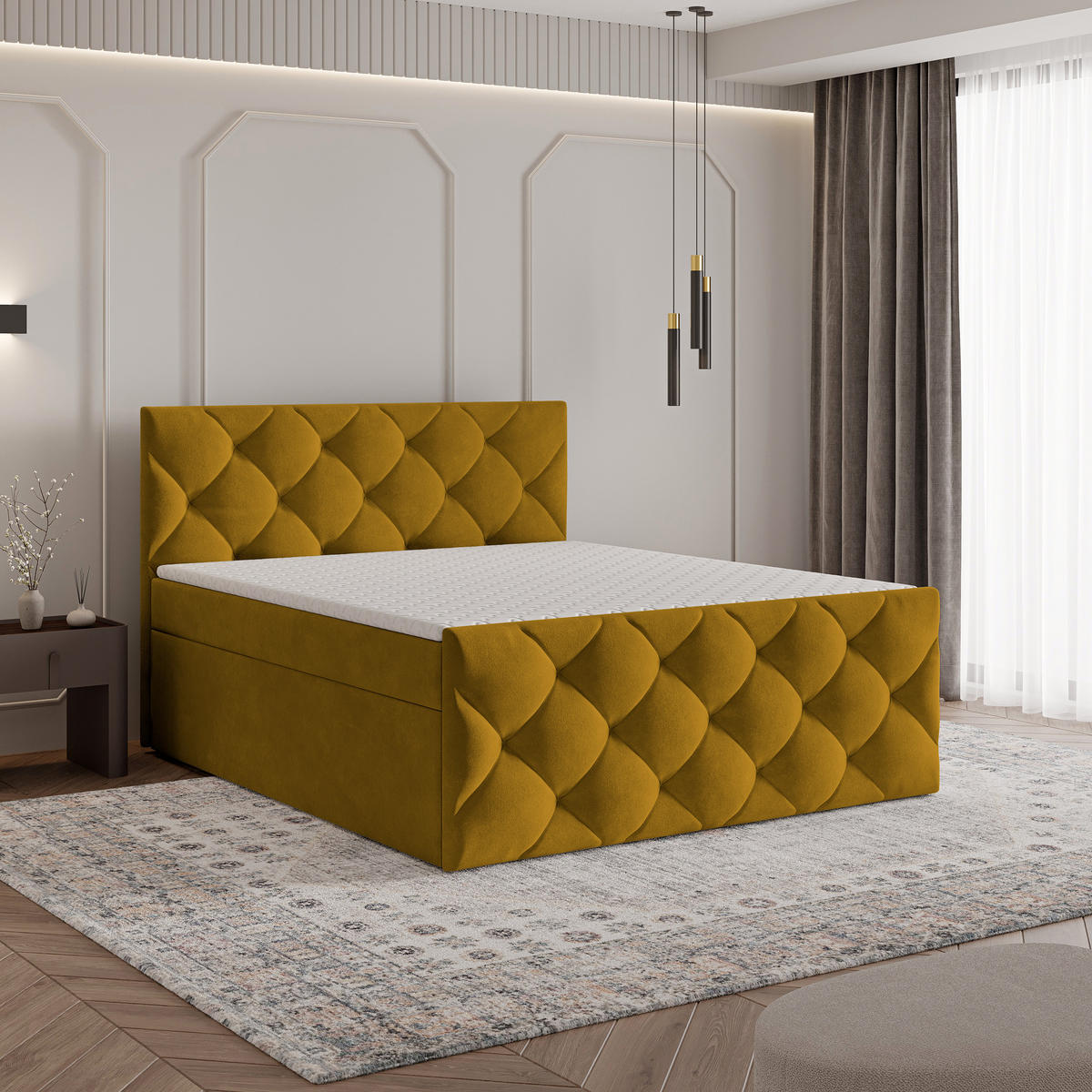 BOXBETT ROVARI 160x200 cm mit Matratze und Topper - Gelb - Gelb, Holz (160/200cm) - MASSENO