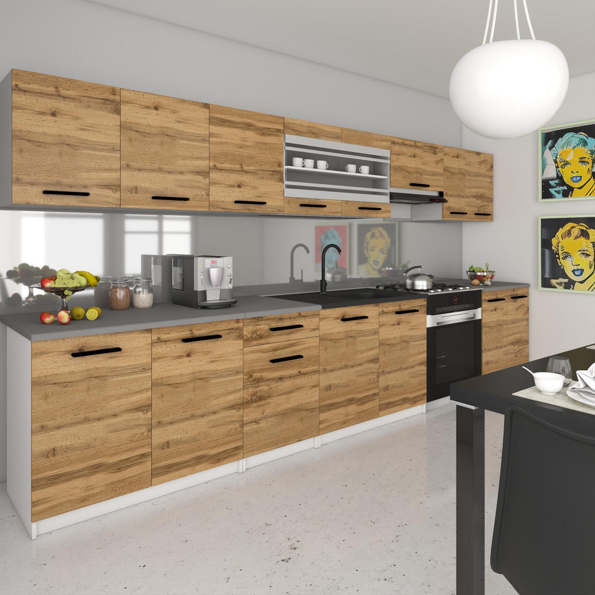 KÜCHENZEILE Italia 3 320 cm, mit Arbeitsplatten, Goldbraun - Braun, Holz (320/143/60cm) - B BELINI GROUP