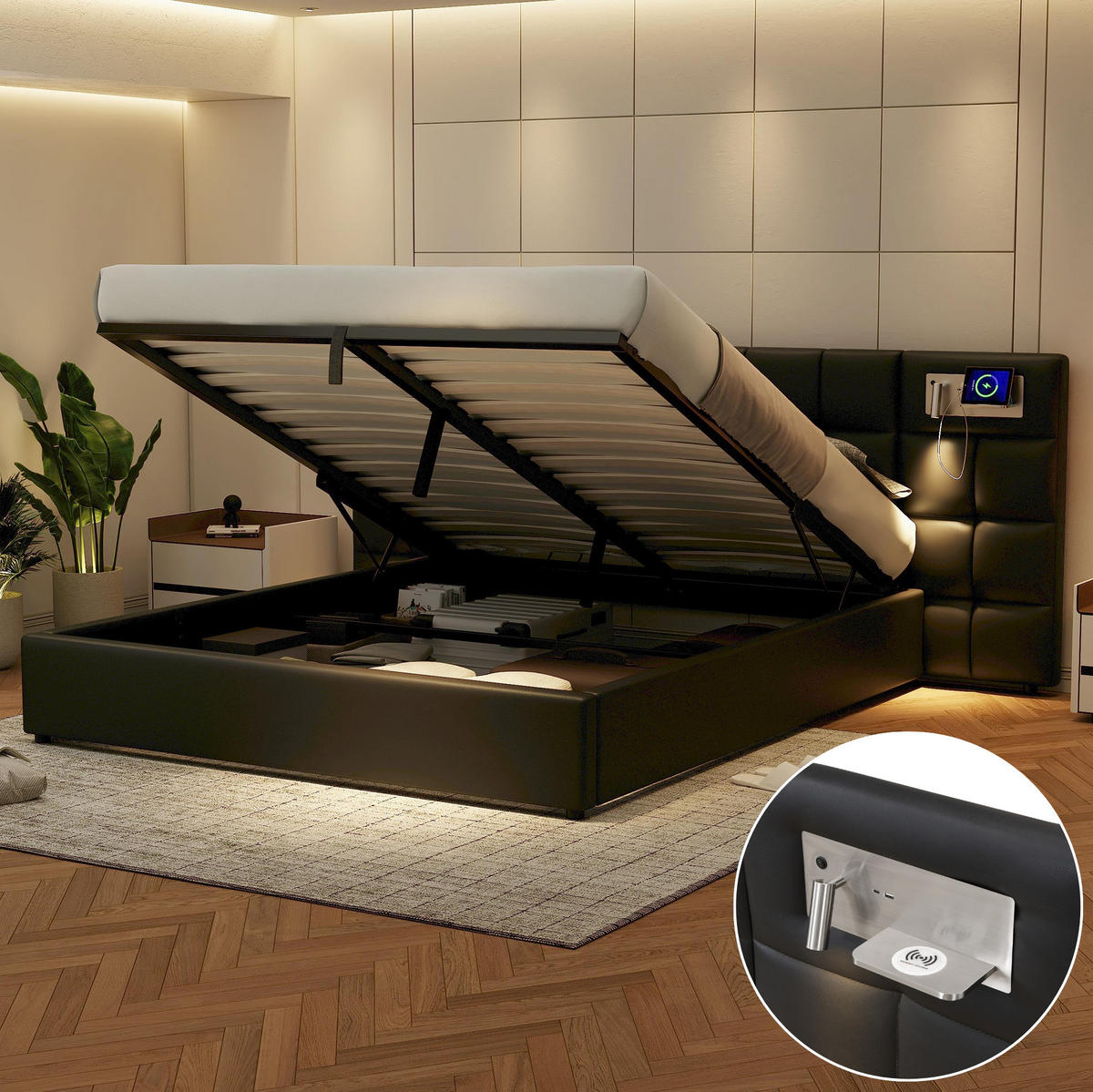 POLSTERBETT 180/200 cm mit Bettkasten, USB und LED-Beleuchtung in Schwarz - Schwarz, Kunststoff (180/200cm) - BEAOK