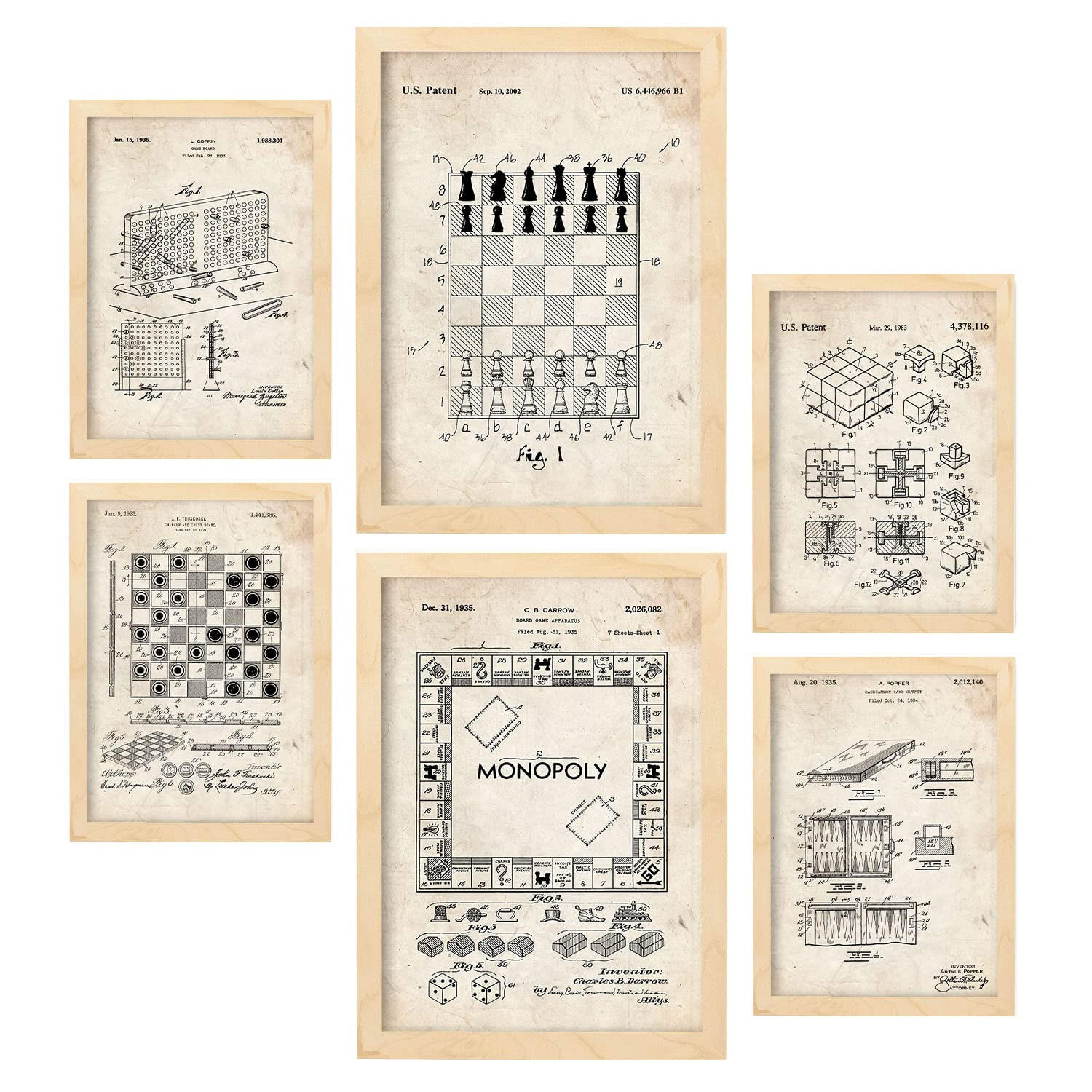POSTER Set Mit 6 Plakaten Mit Brettspiel Patenten Im Vintage Stil A3 & A4 Rahmen Aus Hellem Holz - Beige, Papier (29/3cm) - Nacnic