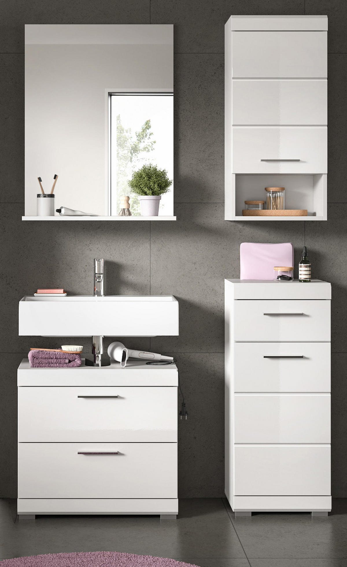 BADMÖBEL-SET weiß Hochglanz 4-teilig 112 cm, Komplettset mit viel Stauraum - Weiß Hochglanz, Glas/Holzwerkstoff (112/191/37cm) - Inn.Furn