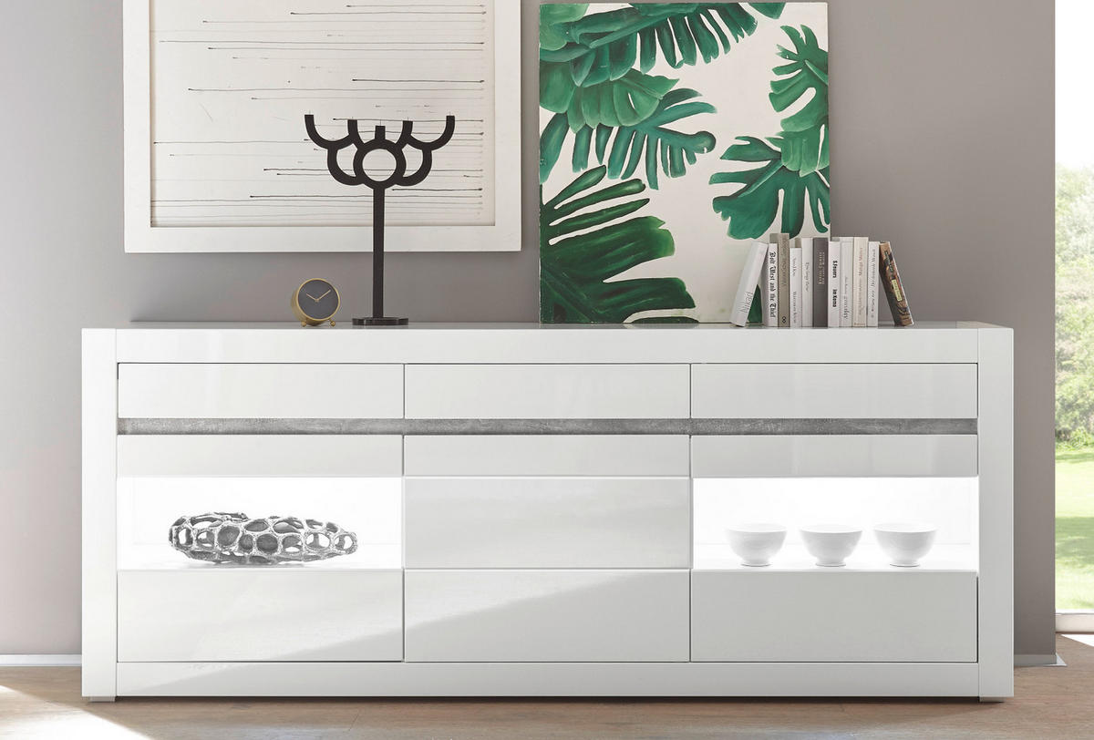 SIDEBOARD Hochglanz weiß, mit weiß oder grau, große Kommode 217 x 90 cm, Soft-Close - Weiß Hochglanz/Weiß, Glas/Holzwerkstoff (217/90/42cm) - Furn.Design