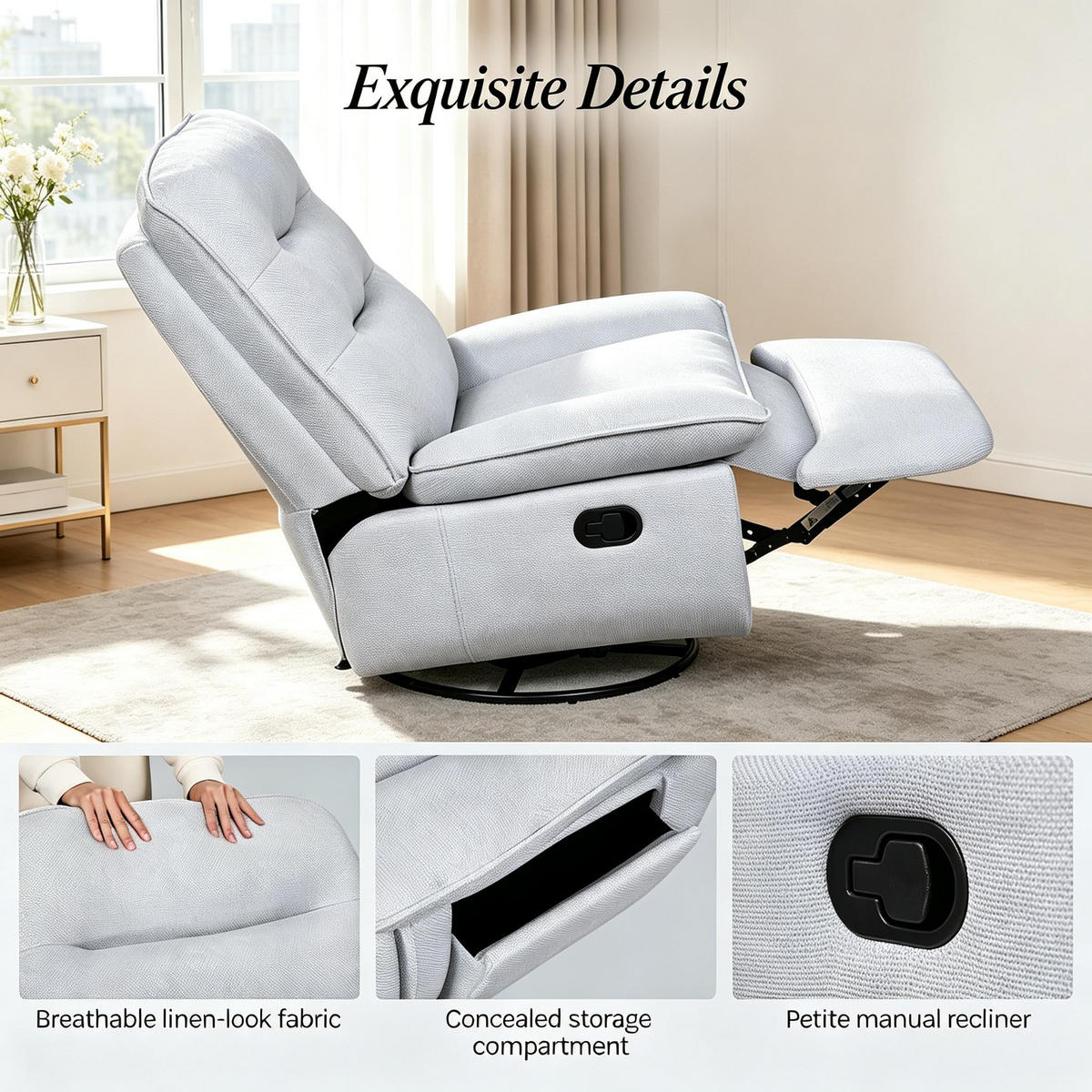 RELAXSESSEL 360° drehbar mit Fußstütze und Stauraum, DE-42187, Hellgrau - Hellblau, Metall (49.5/106/95cm) - ComfortXL