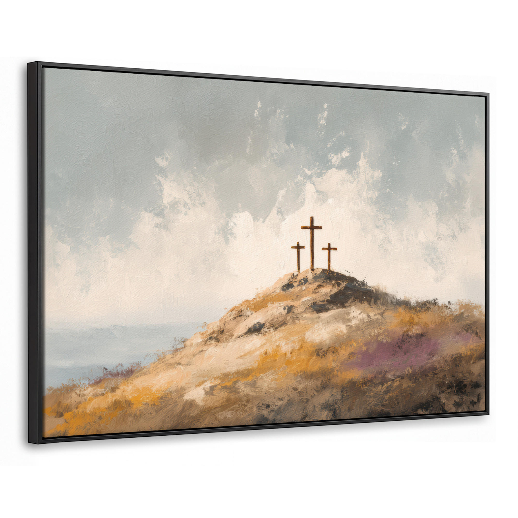 LEINWAND Bilder mit Rahmen - Hügel - Abstrakt - Christentum - Kreuz - 120x80 - Hellgrau, Textil (120/80cm) - MuchoWow
