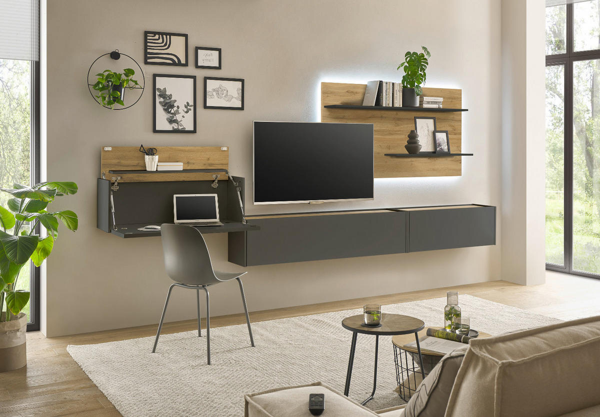 WOHNWAND grau matt, Eiche Wotan 350 cm, Schrankwand mit Sekretär - Eiche Wotan/Grau, Holzwerkstoff/Metall (350/180/30cm) - Furn.Design