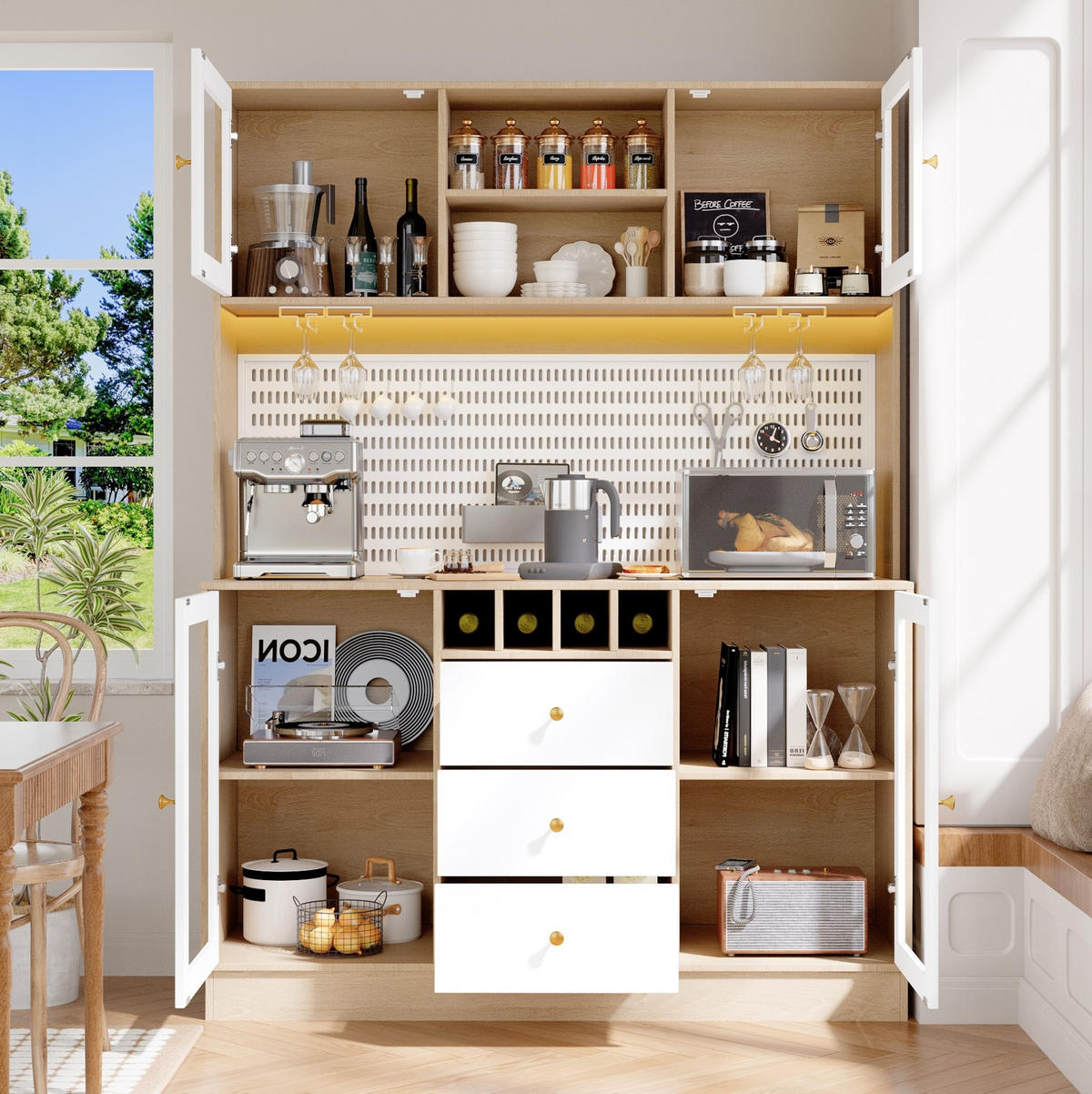 HOCHSCHRANK 140/40/185,7 cm mit LED-Beleuchtung, Weinregal, Glasfronten und verstellbaren Regalböden, Weiß - Weiß, Holzwerkstoff (140/185.7/40cm) - Redom