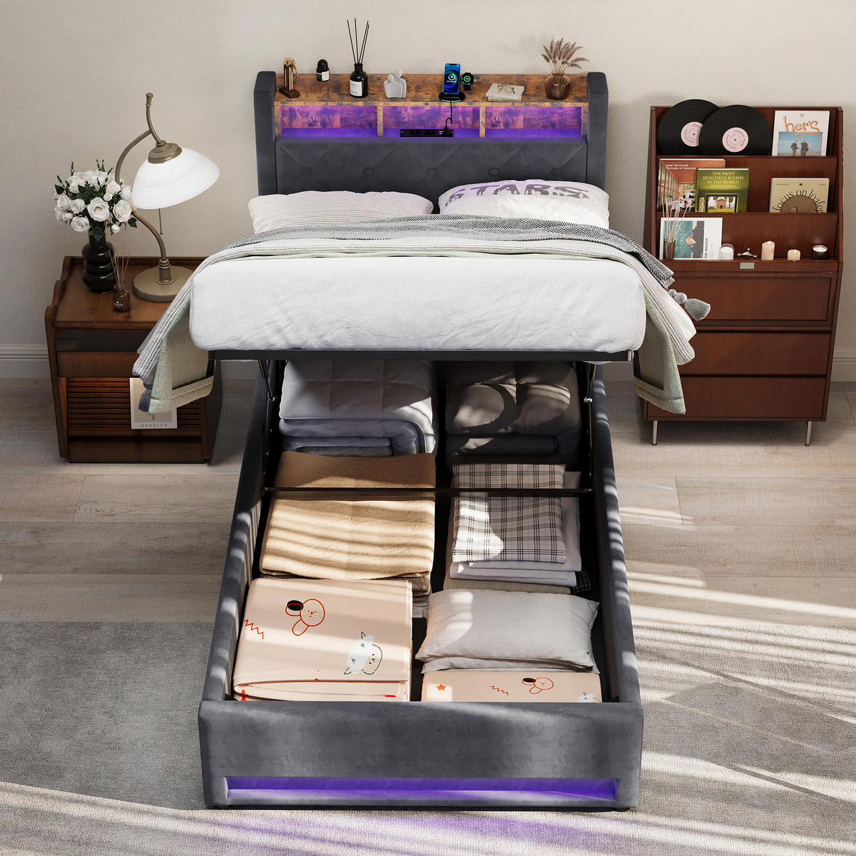 POLSTERBETT 90/200 cm mit Bettkasten und Steckdose Boxspringbett mit USB und LED-Licht Stauraumbett ohne Matratze - Grau, Holzwerkstoff/Textil (90/200cm) - STILVORA