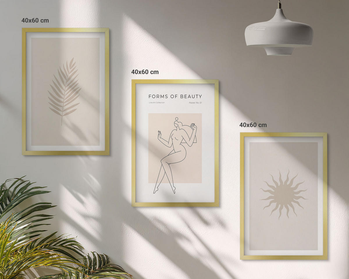 WANDBILDER 3er Set - 40x60 cm Goldrahmen - Eine Sammlung minimalistischer Formen - Goldfarben, Kunststoff (40/60cm) - ArtPrintCave