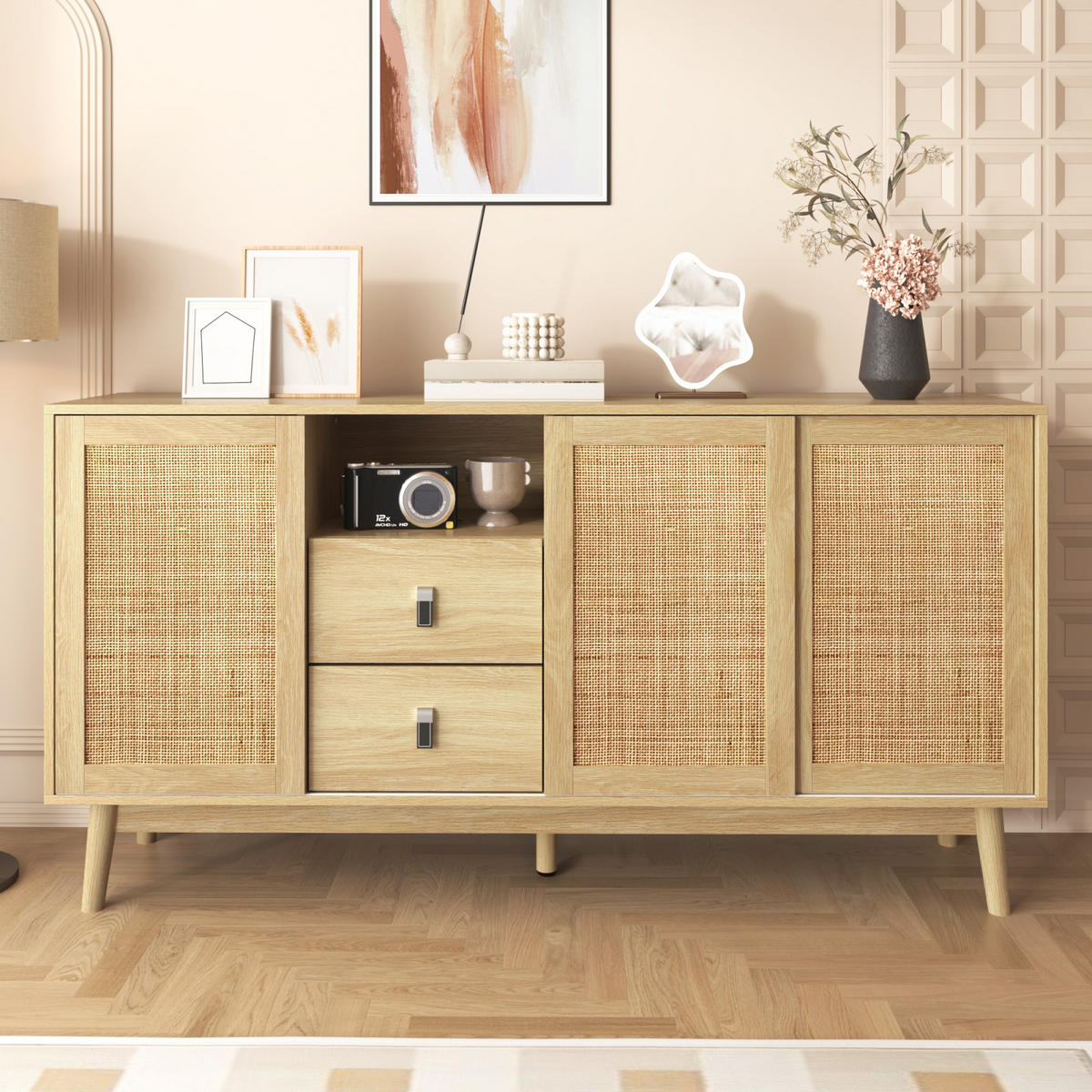 SIDEBOARD 155x38x80 cm Echtes Rattan, 3 Schiebetüren, 2 Schubladen, Massivholzfüße - Naturfarben, Holz (155/80/38cm) - PARAFTA HOME
