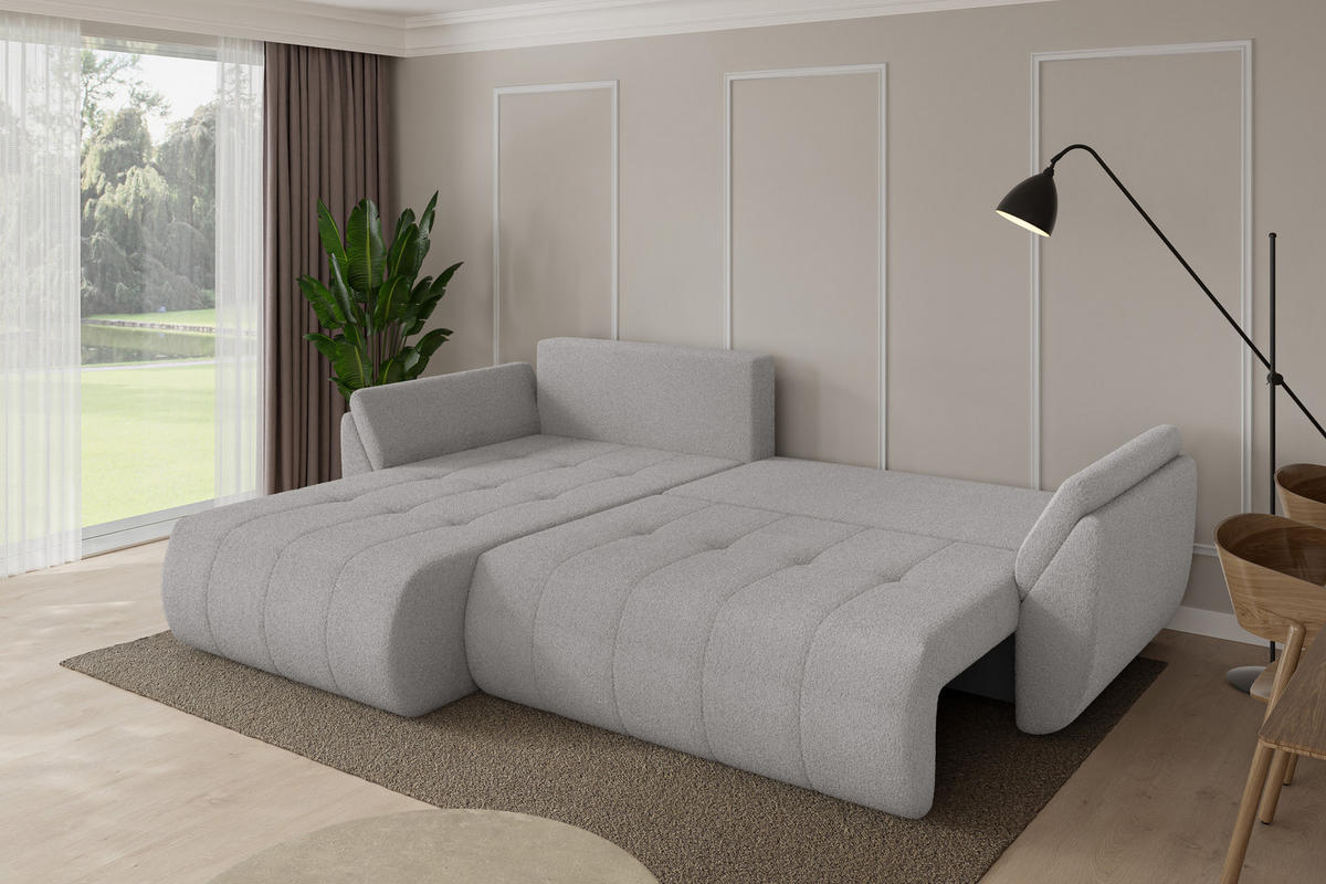 ROHOVÁ SEDAČKA s funkcí spaní, otoman vlevo TOKO-L 277x194x86 světle šedá bouclé - černá/stříbrná, kompozitní dřevo/textil (277/194cm) - ALTDECOR